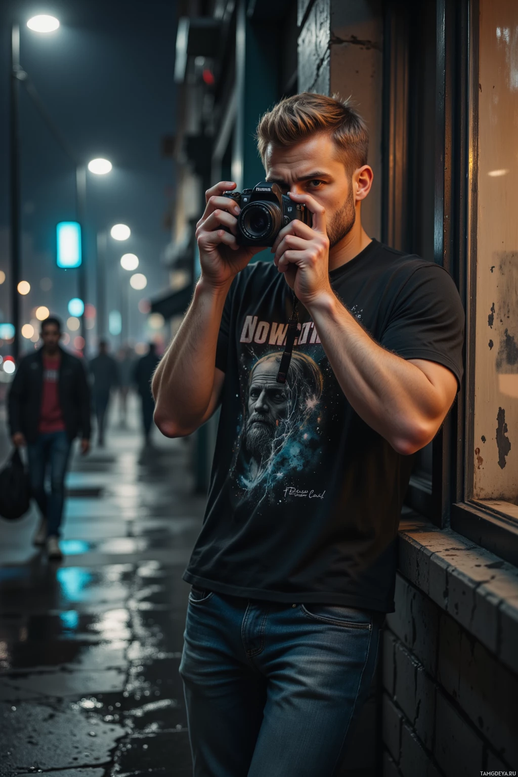 Мужчина стоит на мокрой улице ночью, держа в руках фотоаппарат и глядя в видоискатель.