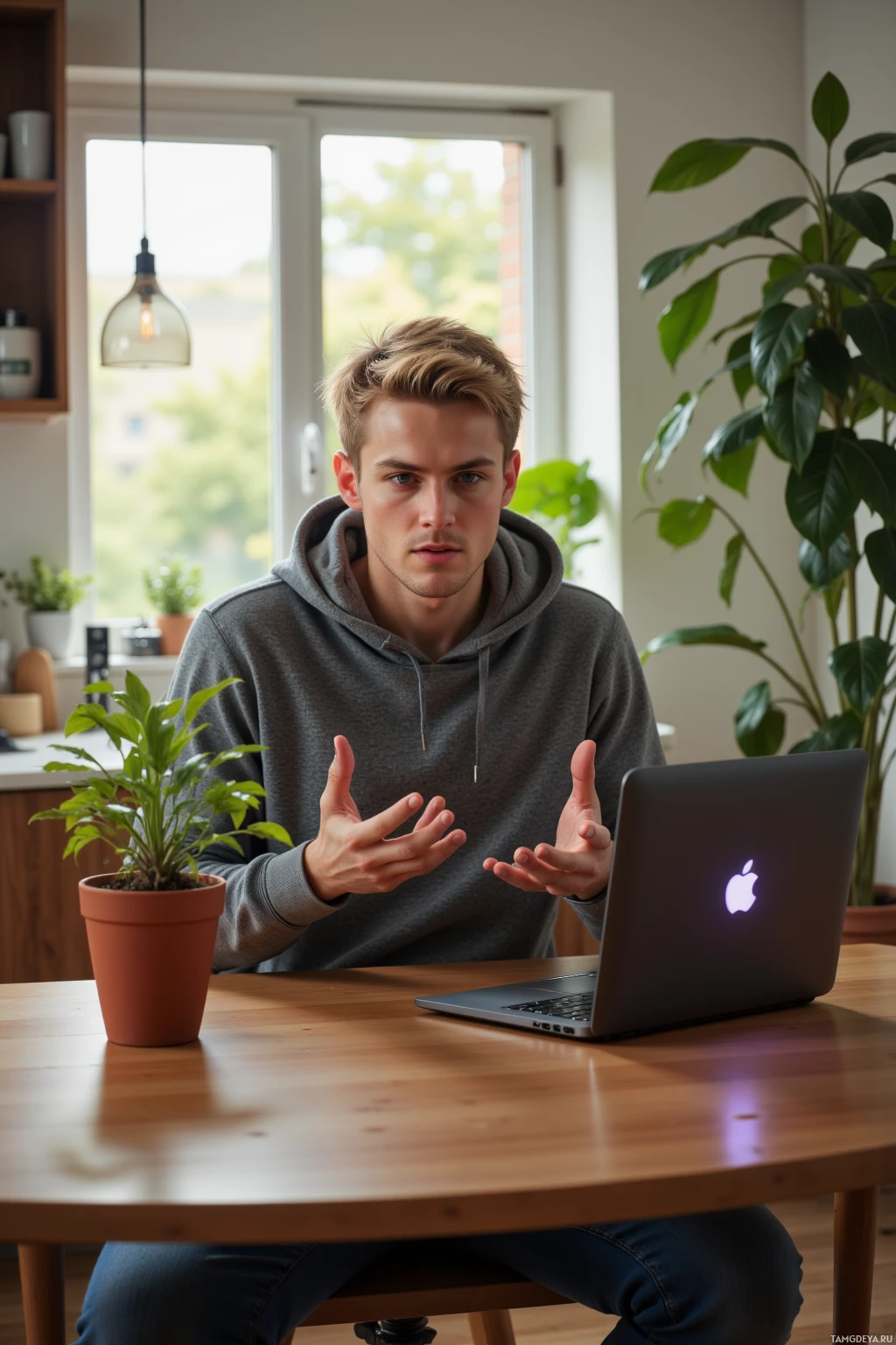 Realistic high quality photo. Male, 25, short blonde hair, blue eyes, wearing a simple grey hoodie and casual jeans, sitting at a kitchen table in a bright apartment in late afternoon, talking to a potted plant while a laptop with a blinking LED is open on the table.