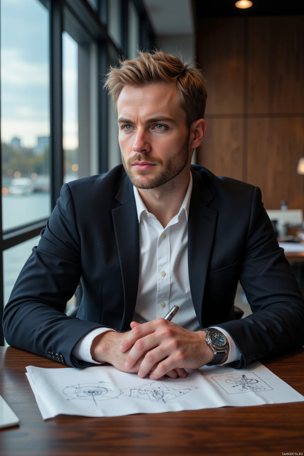 Realistic high quality photo. A calm 37‑year‑old man with icy blue eyes, short blonde hair, pale skin, wearing a dark sleek jacket over a crisp white shirt, sits at a wooden desk in a modern office with blinds filtering evening light, adjusting a precision wristwatch, sketching a diagram on a napkin, while a river outside the window glimmers softly in the late evening.