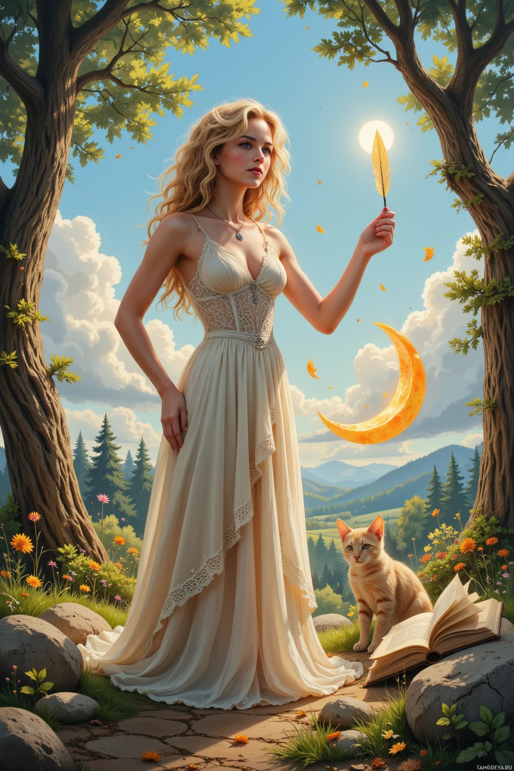 Realistic high quality photo. Whimsical young woman with curly blonde hair, bright blue eyes, radiant complexion, wearing a flowing bohemian sundress with lace and ruffles and a silver storybook charm necklace, stands in a sunlit forest clearing with fluffy clouds above, chasing a glowing crescent moon while holding a quill, with a mischievous cat curled around her ankles, and a parchment with swirling ink and a sighing spellbook hovering beside her.