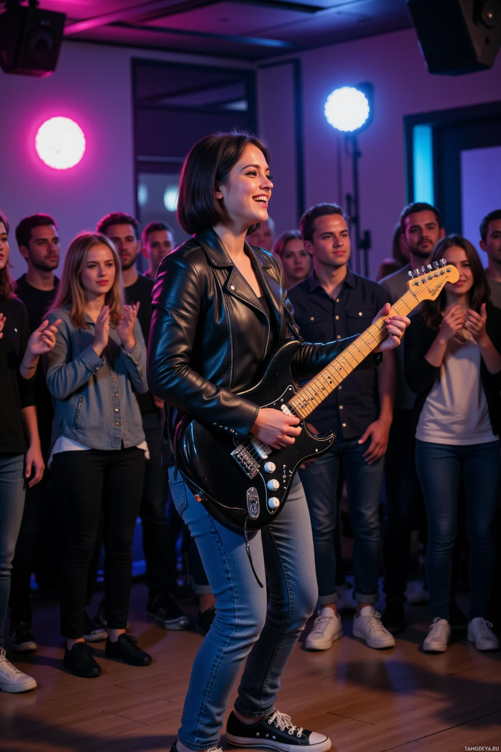 Realistic high quality photo. Young woman with short black hair, black leather jacket, jeans, and sneakers, playing electric guitar on a dimly lit stage of a small club, lights flickering, laughing while a cheering crowd watches, late evening.