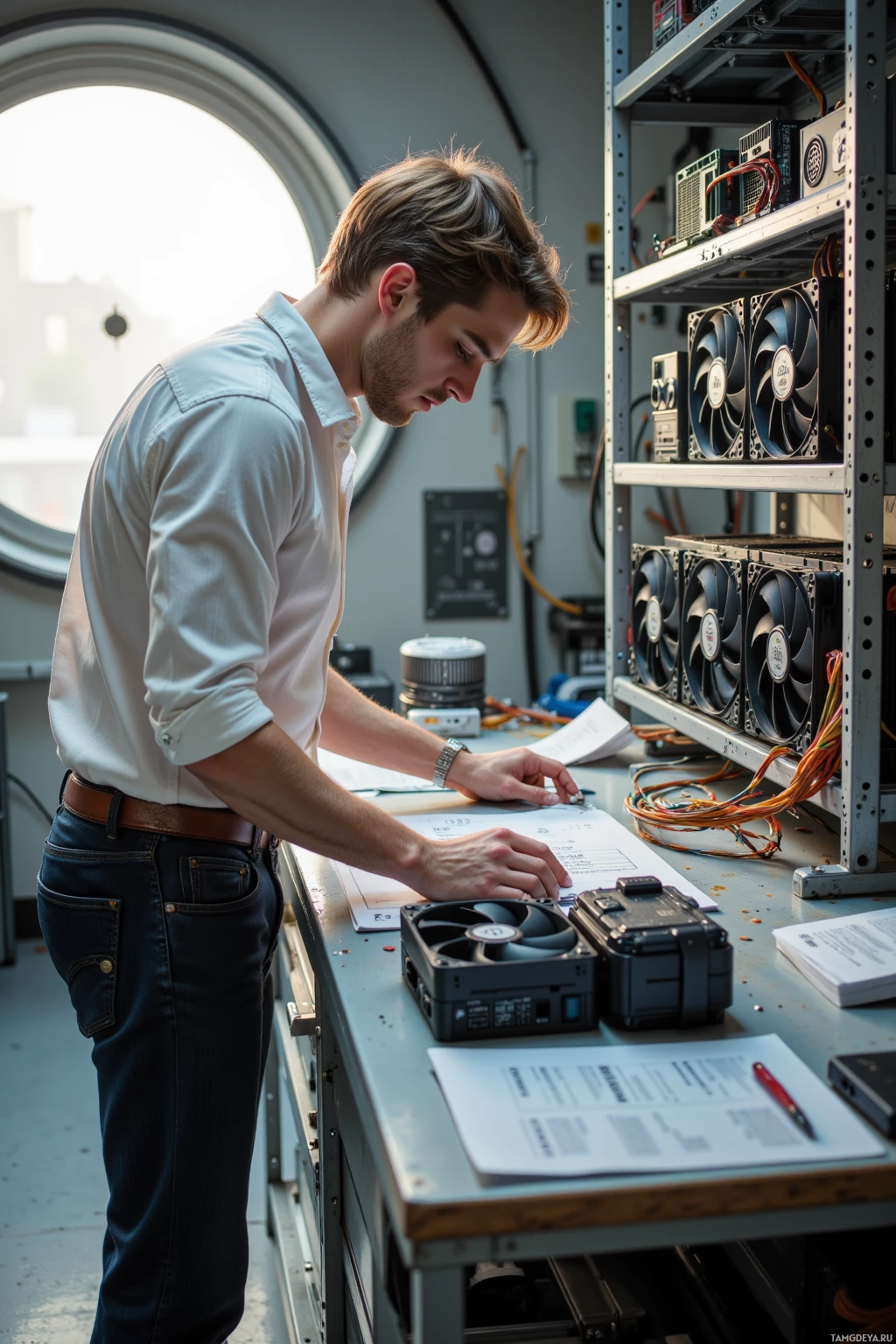 Realistic high quality photo. Male, 30, short light brown hair, blue eyes, wearing a white button‑up shirt and slightly worn black jeans, methodically aligning a row of sleek fans on a metal shelf inside a sci‑fi workshop, color‑coded copper wires spiraling neatly around the fans, a detailed spec sheet spread on a nearby table, a transparent cooling loop tube visible beneath the shelf, afternoon sunlight streaming through a viewport, the scene radiating precise engineering focus.