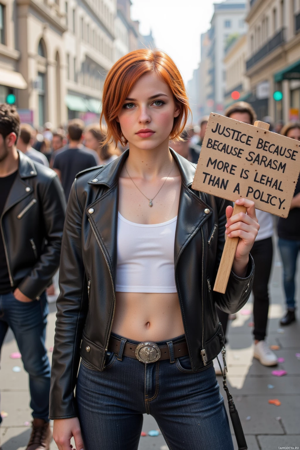 Realistic high quality photo. Female activist with short fiery red hair, green eyes, warm golden brown skin, wearing a fitted black leather jacket with silver studs over a white tank top, dark jeans, rugged combat boots, holding a wooden sign that reads “Justice: because sarcasm is more lethal than a policy”, standing on a city street in early morning light surrounded by a chaotic crowd scattering confetti, her stance firm and expression determined.