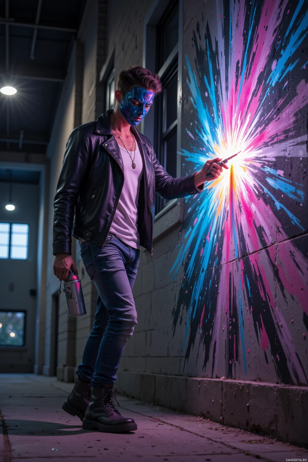 Realistic high quality photo. Masked 27‑year‑old male street artist with short dark hair, green eyes, black leather jacket over a white tank top, denim jeans, combat boots, and a silver chain holding a spray‑can pendant, spraying a bright burst of color on a dimly lit concrete corner wall at midnight in an alley, mid‑stride and exuding rebellious purpose in a modern urban setting.
