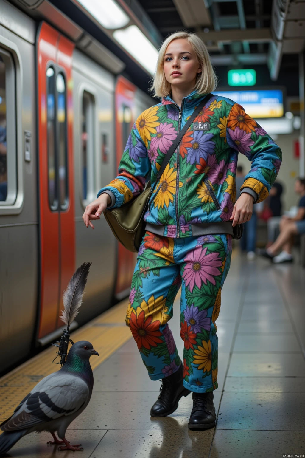 Realistic high quality photo. Female, 23, platinum blonde bob cut, bright blue eyes, pale skin, wearing a vivid patterned jacket and cropped pants with headphones, dancing as a backup drummer on a subway platform, dropping a guitar case onto a pigeon that holds a feathered mic, with glowing traffic lights in the background, midday.