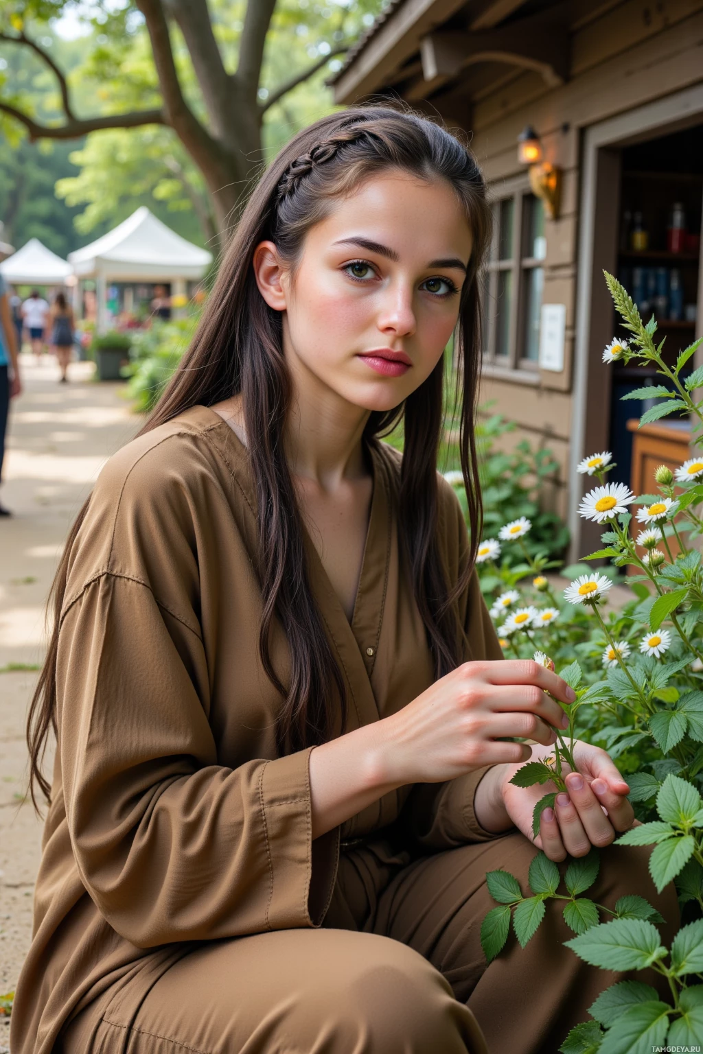 Realistic high quality photo. A serene female herbalist with long dark‑blonde braids, deep brown eyes, and flowing earth‑toned robes gathers chamomile along a sunlit market path, placing a mint sprig into the soil beside an ancient oak outside her hut, wind carrying wild sage, in a tranquil fantasy setting.