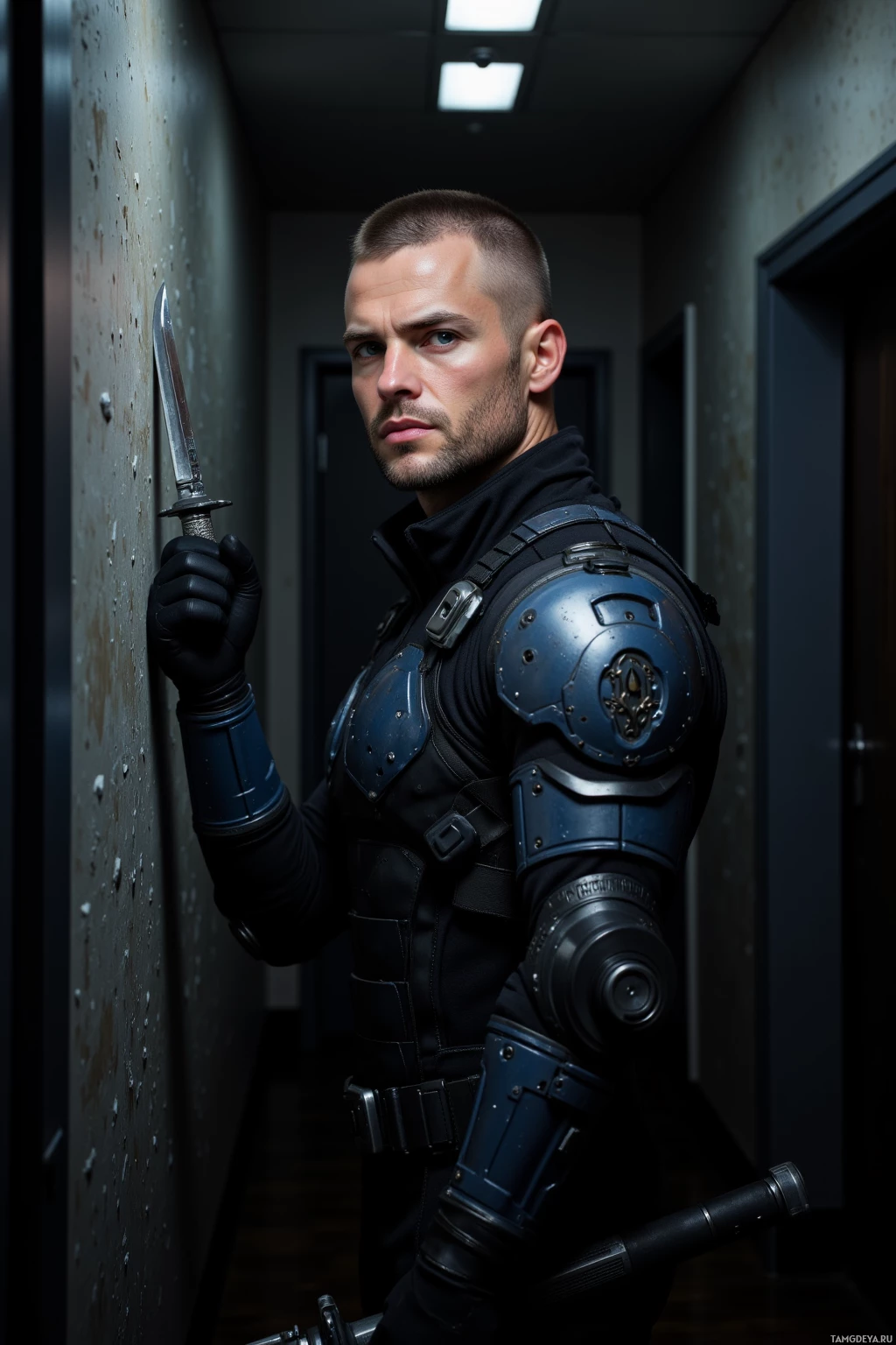Realistic high quality photo. A 36‑year‑old man with buzzed brown hair and piercing blue eyes, wearing sleek tactical armor, stands in his dim apartment hallway at night, gripping a freshly honed blade with a calm, razor‑sharp focus, the low overhead light casting sharp shadows while the muted city hum echoes faintly outside.