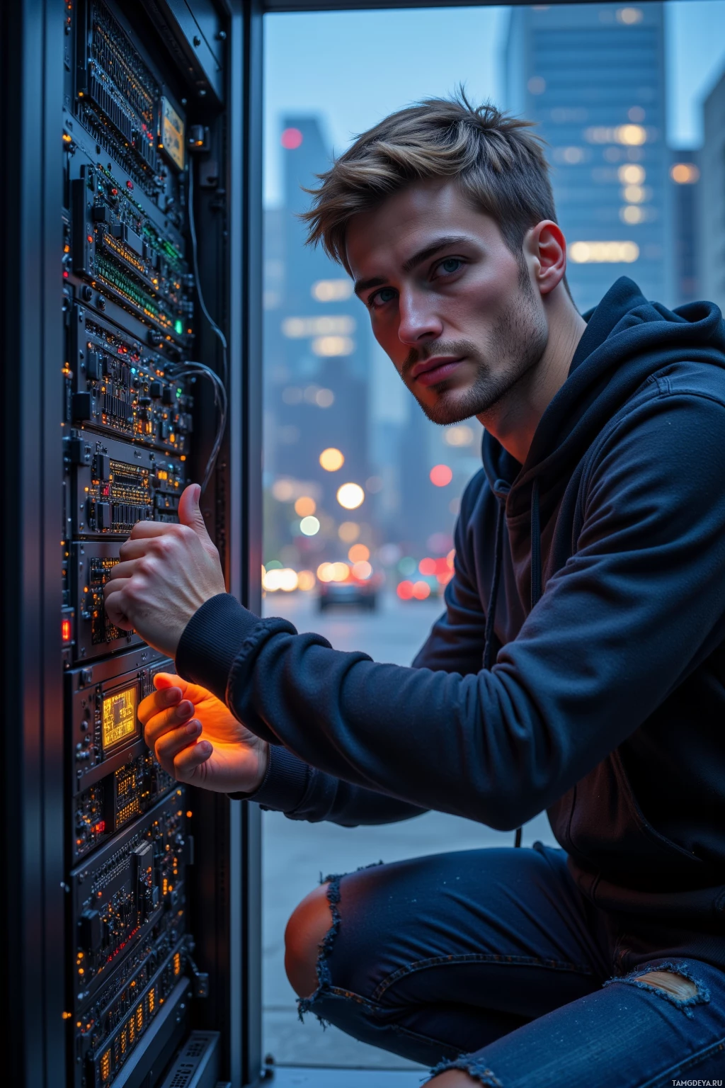 Realistic high quality photo. A 35‑year‑old man with short light brown hair, blue eyes, fair skin, strong jawline, wearing a casual hoodie and jeans, hunched over a server rack with a lattice of blinking LEDs, adjusting circuitry while a city outside glows with shifting static under a dusky sky.