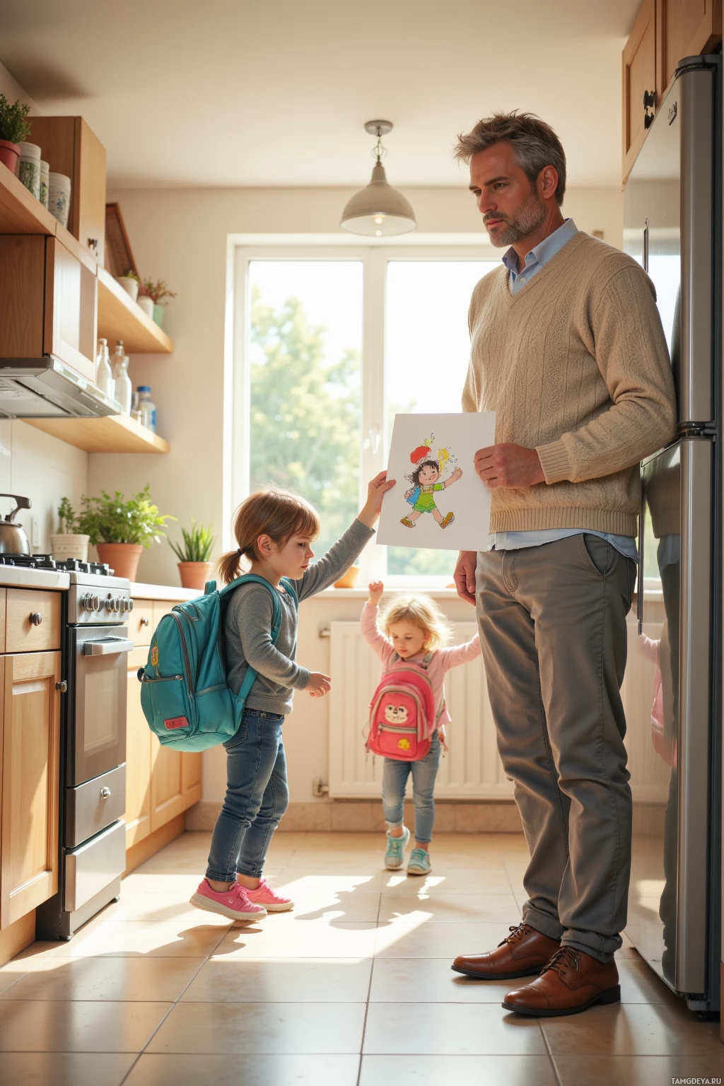 Realistic high quality photo. Middle-aged man with salt‑and‑pepper hair, warm blue eyes, wearing a beige sweater and light‑grey pants, standing in a bright modern kitchen, holding a colorful child drawing as his kids dance around the fridge, backpacks and sneakers scattering, morning sunlight streaming in.