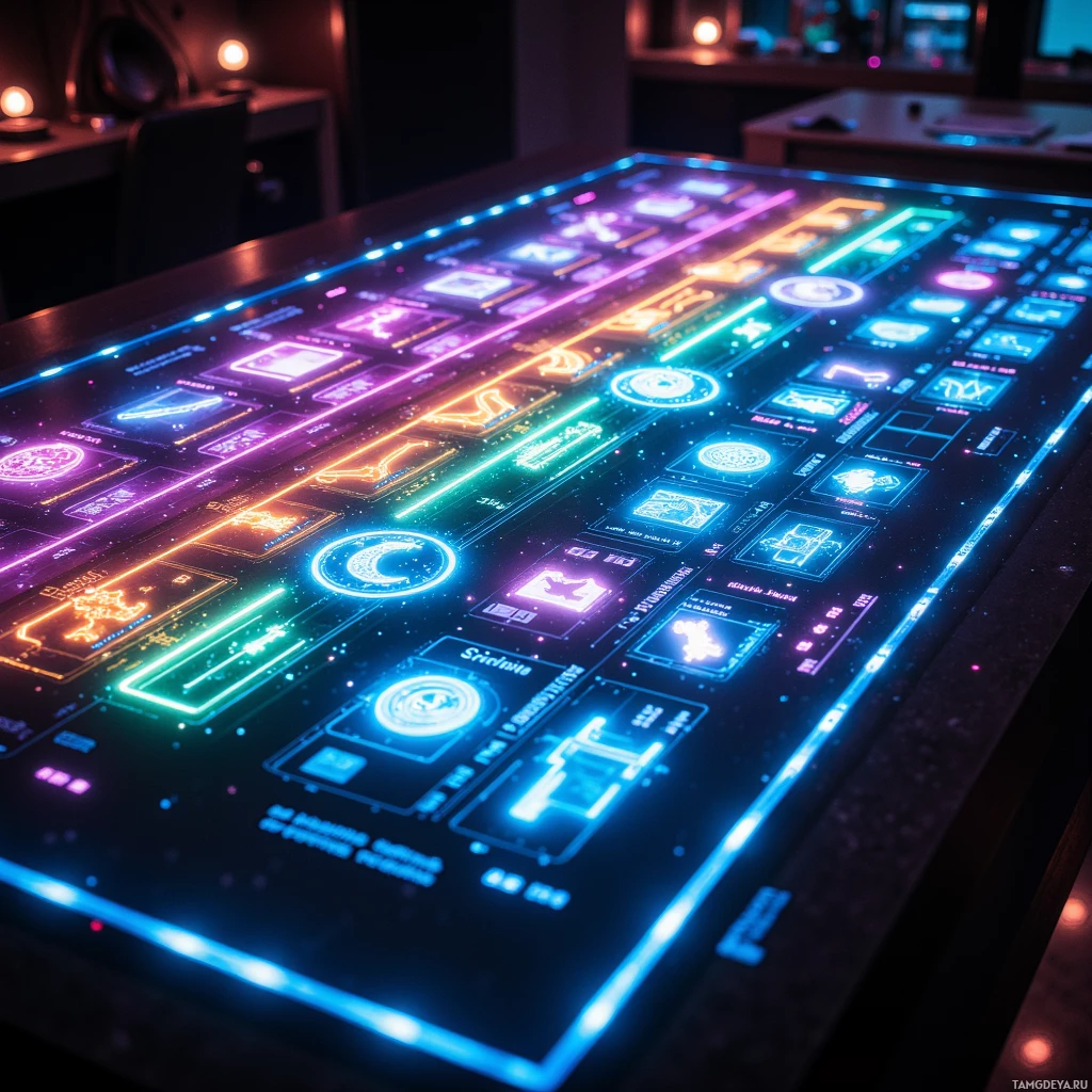 Semi-abstract image with many light, that is suitable for the post:  Sleek transparent glass tabletop with a built‑in holographic timeline of neon‑colored episode arcs, color‑coded snack sections, illuminated laser pointers, and subtle futuristic LED accents.