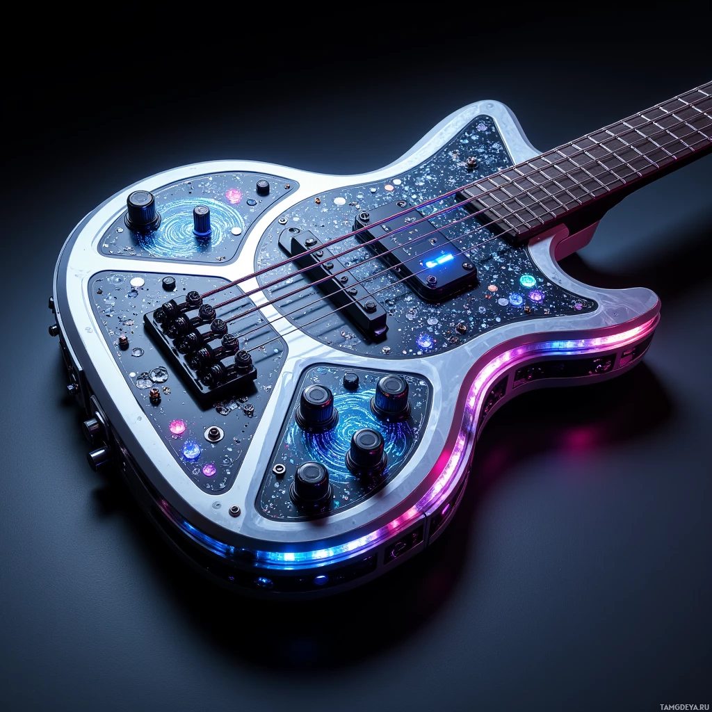 Semi-abstract image with many light, that is suitable for the post:  Shape‑shifting chrome‑tinted synth rig with a carbon‑fiber body, embedded resonator coils, a translucent touch‑screen panel displaying dynamic waveforms, and modular appendages that fold into a bass stand or guitar pick holder.