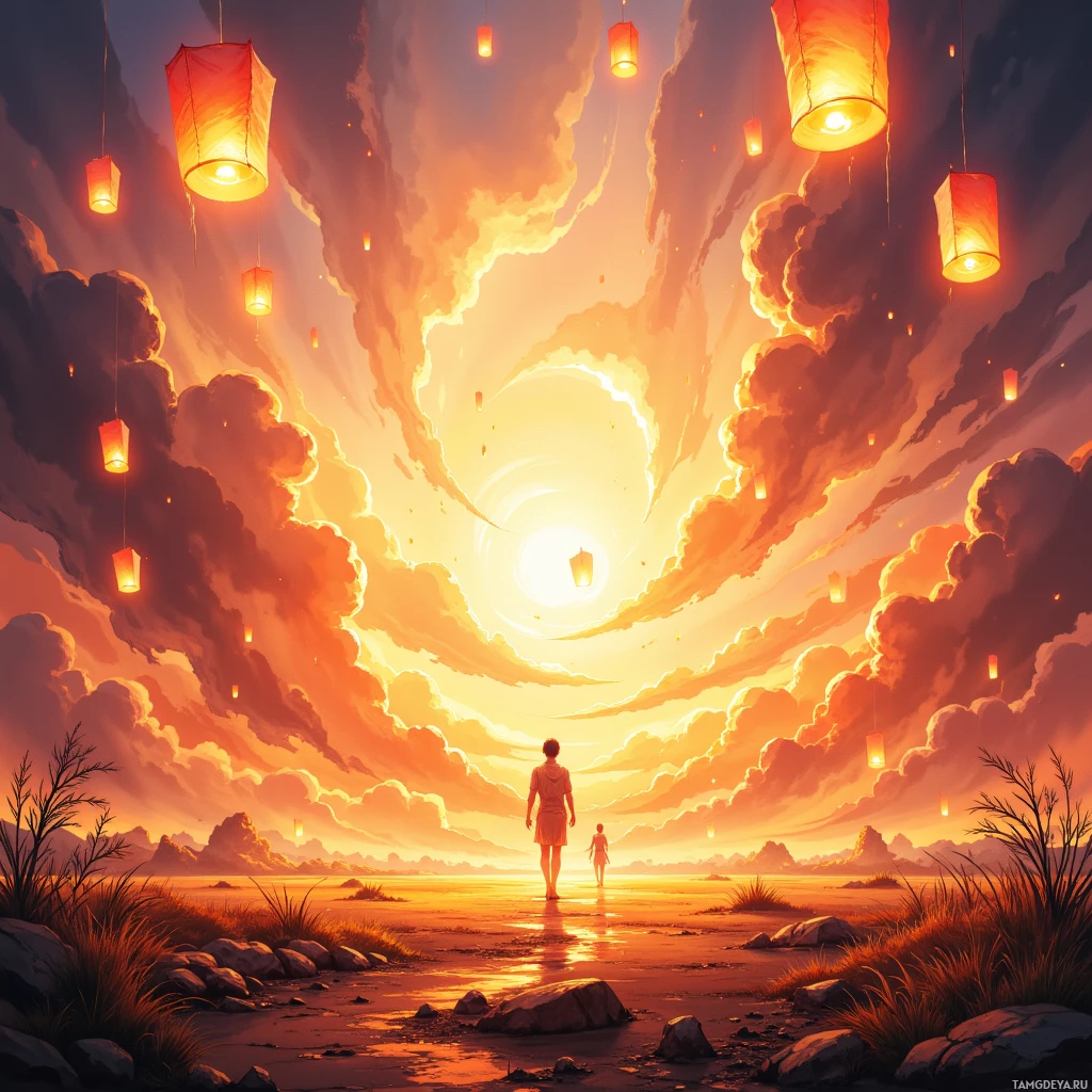 Semi-abstract image with many empty light space at center of beautiful background, that is suitable for the post:  When I inhale the scent of rain‑on‑dry‑soil, I hear hope unfolding like paper lanterns in the wind.