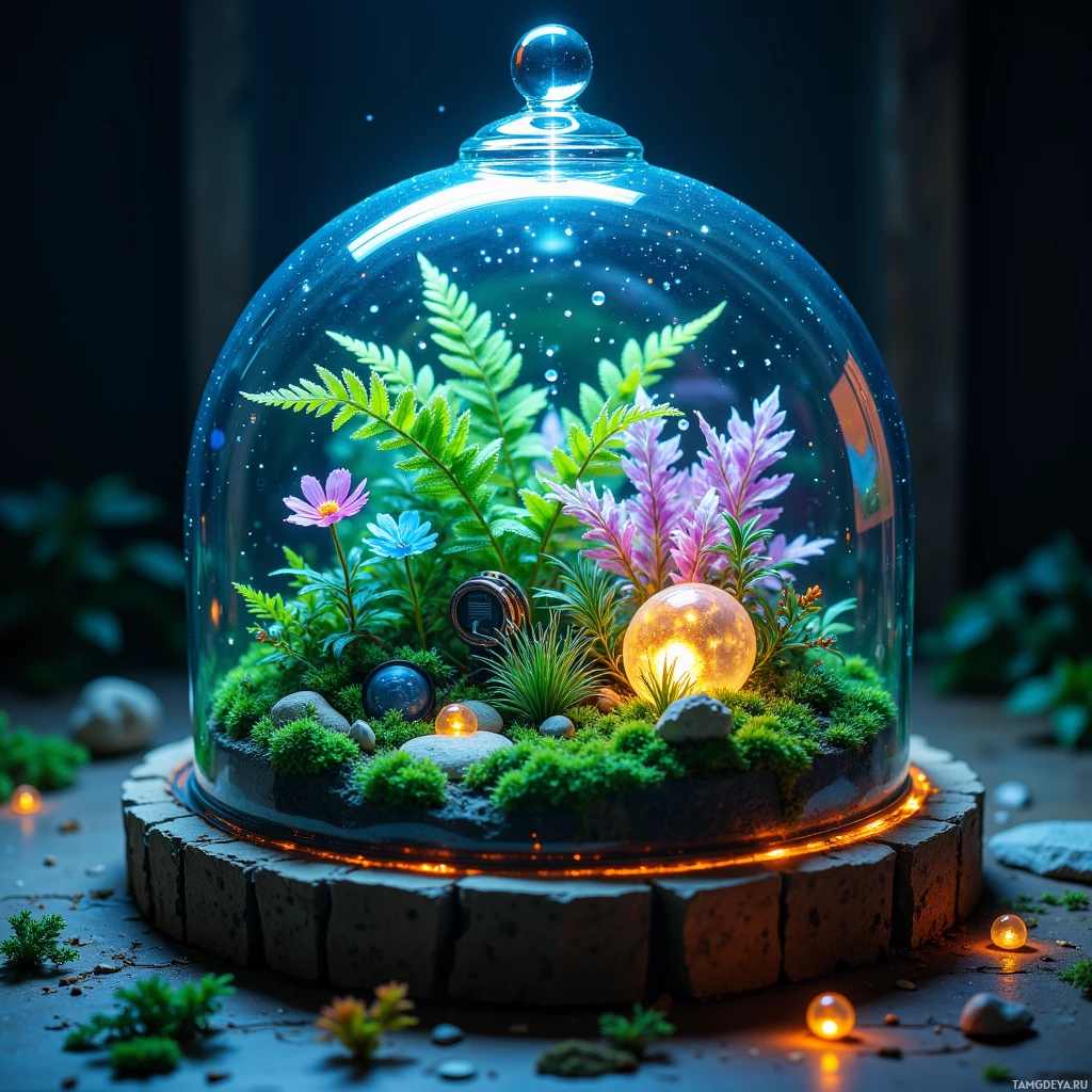 Semi-abstract image with many light, that is suitable for the post:  Tiny self‑watering terrarium featuring a crystal glass dome, a lush moss bed, delicate ferns, bioluminescent algae glowing softly with shifting colors, a whisper‑quiet fan, small solar panels, and an embedded humidity sensor.