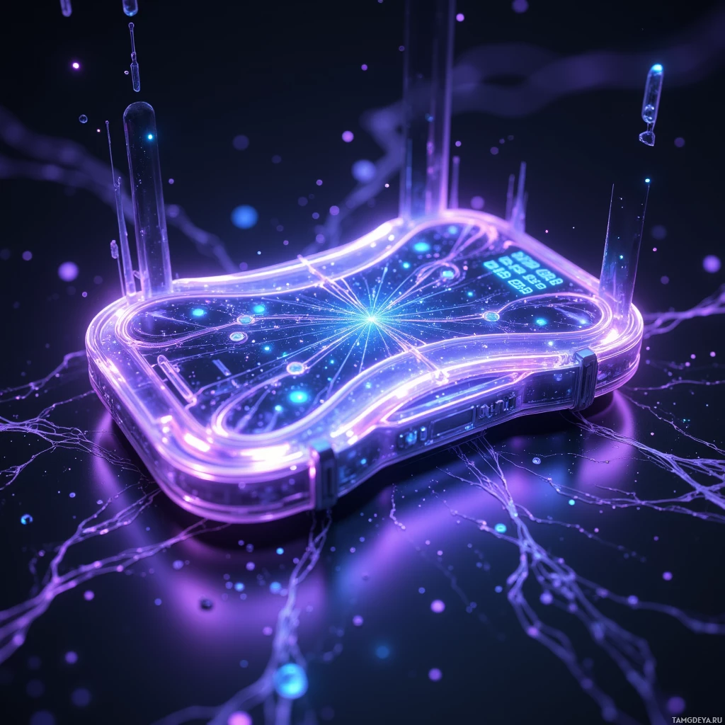 Semi-abstract image with many light, that is suitable for the post:  pocket‑sized lattice synthesizer with a translucent cobalt hull glowing softly violet, intricate microfluidic channels of liquid silver weaving across its surface, adaptive alloy edges subtly shifting, minimalistic sleek silhouette with integrated holo‑interface panels projecting 3‑D data.