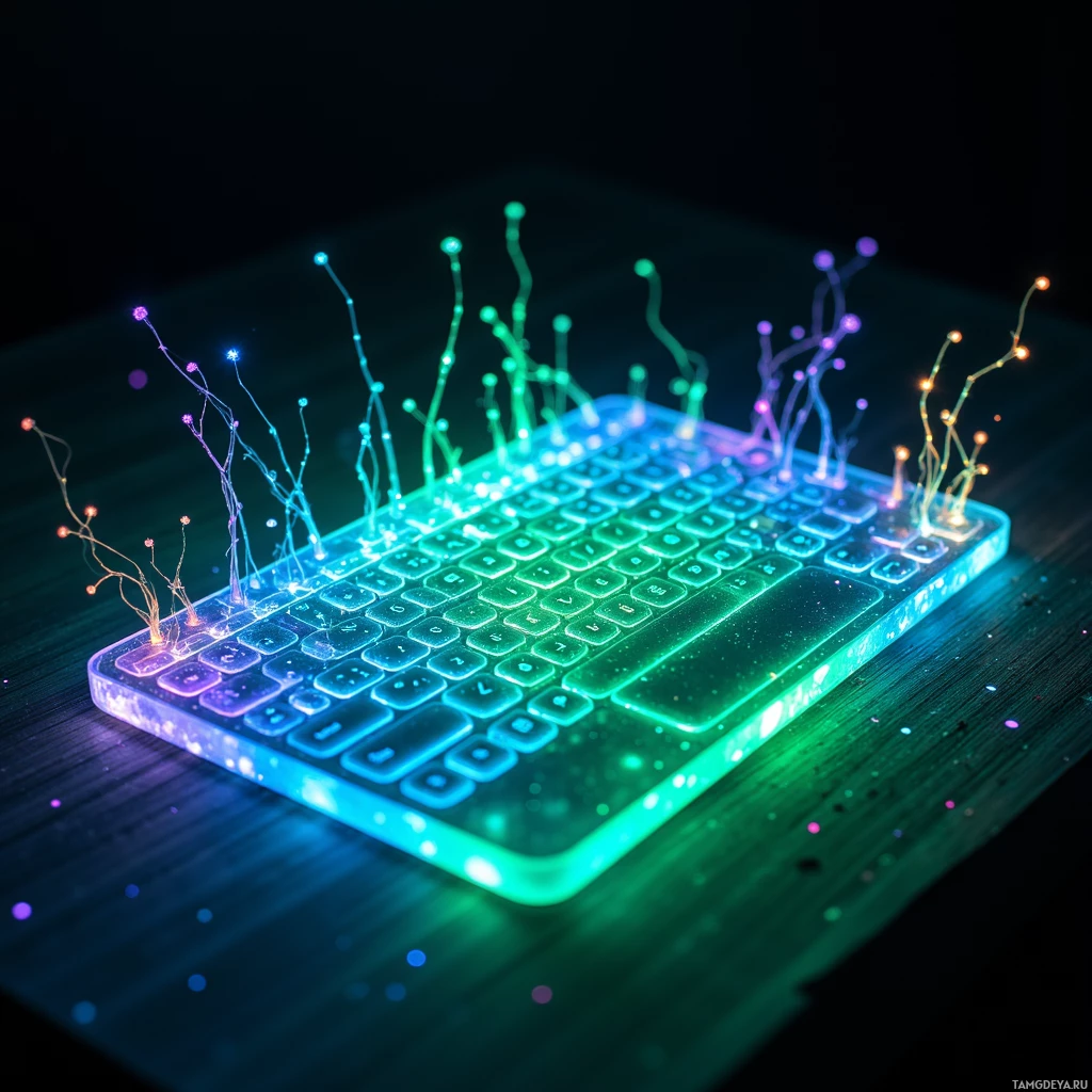 Semi-abstract image with many light, that is suitable for the post:  pocket-sized translucent glass tablet with a lattice of programmable phosphor filaments that shift into holographic code vines in neon green and electric blue, forming a kinetic, tactile keyboard surface that morphs with touch and emits soft light gradients.