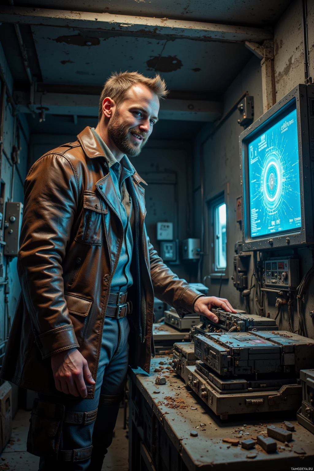Realistic high quality photo. 37-year-old man with short light brown hair, blue eyes, rough stubble, wearing a leather coat over layered utility clothing and worn-out combat boots, stands in a dim post‑apocalyptic cellar, prying open dusty drives and obsolete hardware while a bright screen glows nearby, smiling with dry humor at the absurdity of modern tech, binary code humming in the air.