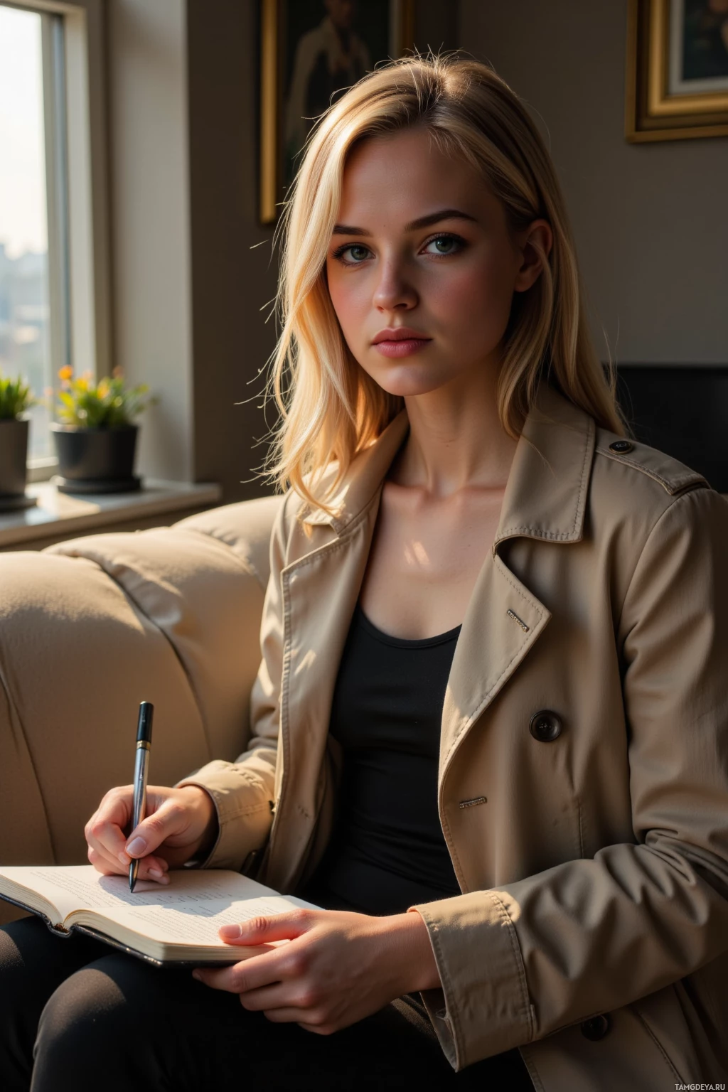 Realistic high quality photo. Woman, 29, long blonde hair, blue eyes, fair skin, wearing a sleek trench coat, seated on a beige sofa in a dimly lit modern apartment, writing a script in a notebook as soft beige light filters through a small window and shadows fall across the floor.