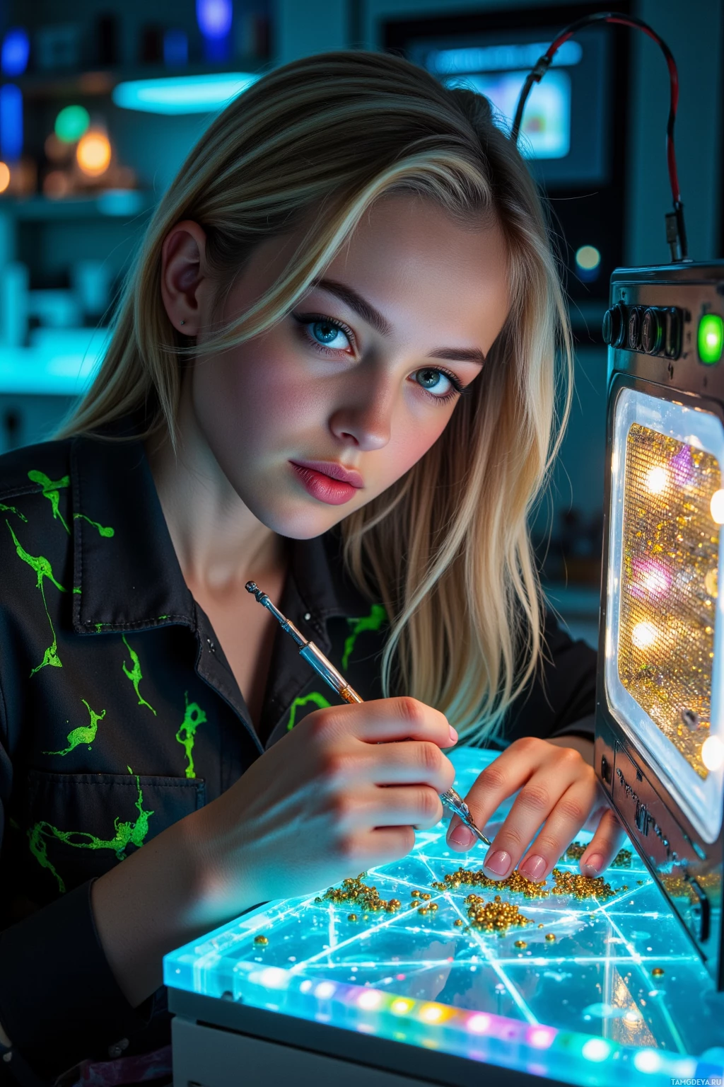Realistic high quality photo. Female, 26, long blonde ponytail, bright blue eyes, wearing a black jumpsuit with neon green patterns, soldering gold beads onto copper pads of a repaired microwave turned sequined LED chandelier in a dimly lit futuristic kitchen at night, surrounded by a rainbow capacitor array and colorful cables, posing for a glam selfie on a holographic bench under a spotlight of sparkling LEDs.