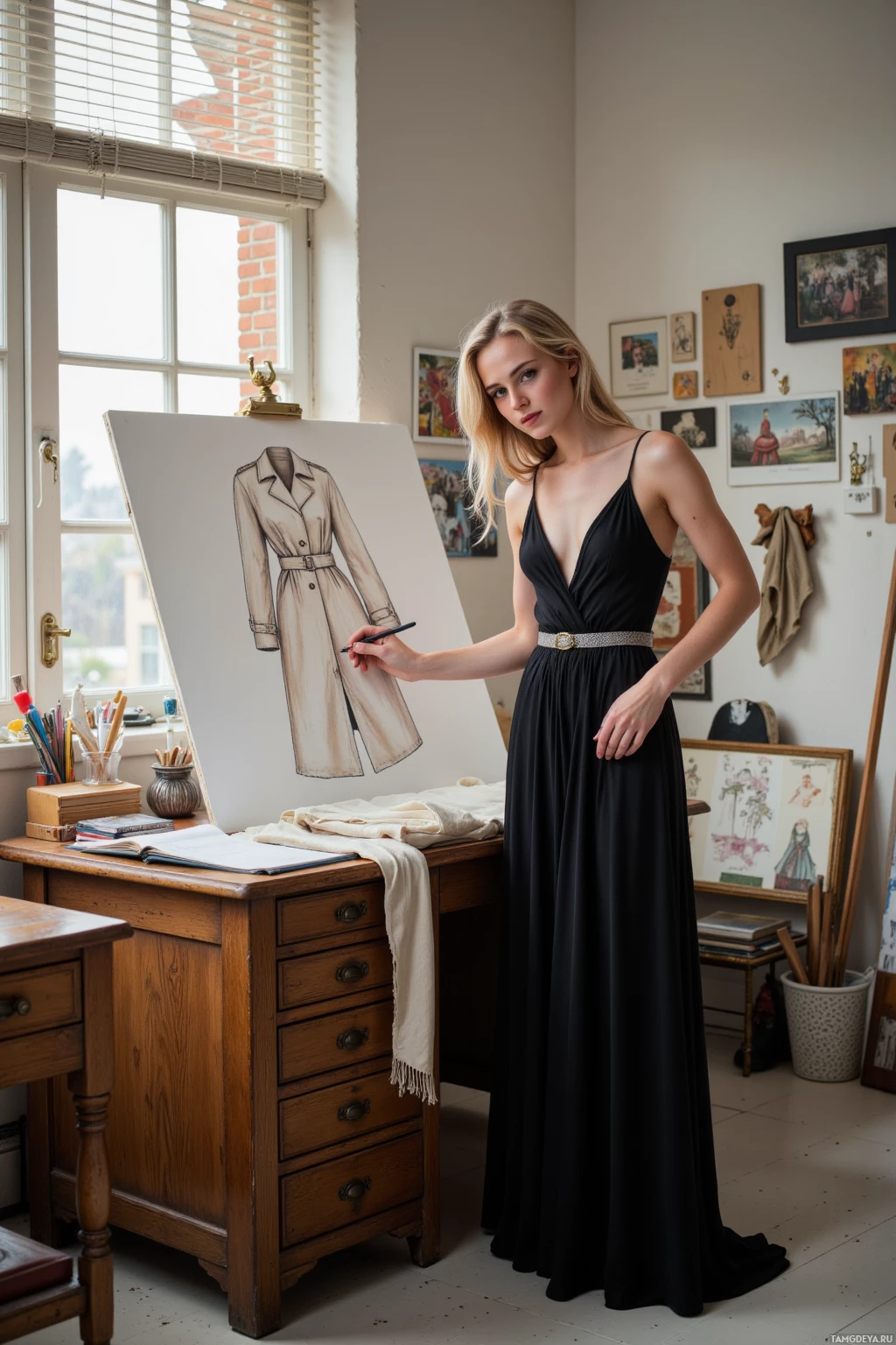 Realistic high quality photo. Tall woman in her late twenties, long loose blonde hair, bright blue eyes, porcelain skin, high cheekbones and slender nose, wearing a vintage floor‑length evening dress cinched with a delicate silver belt, stands in a modern studio where early morning light filters through blinds onto an old oak desk, sketching a trench coat silhouette with an asymmetrical cut, confident and focused, surrounded by fabric swatches, sketchbooks and a quiet, conspiratorial atmosphere.