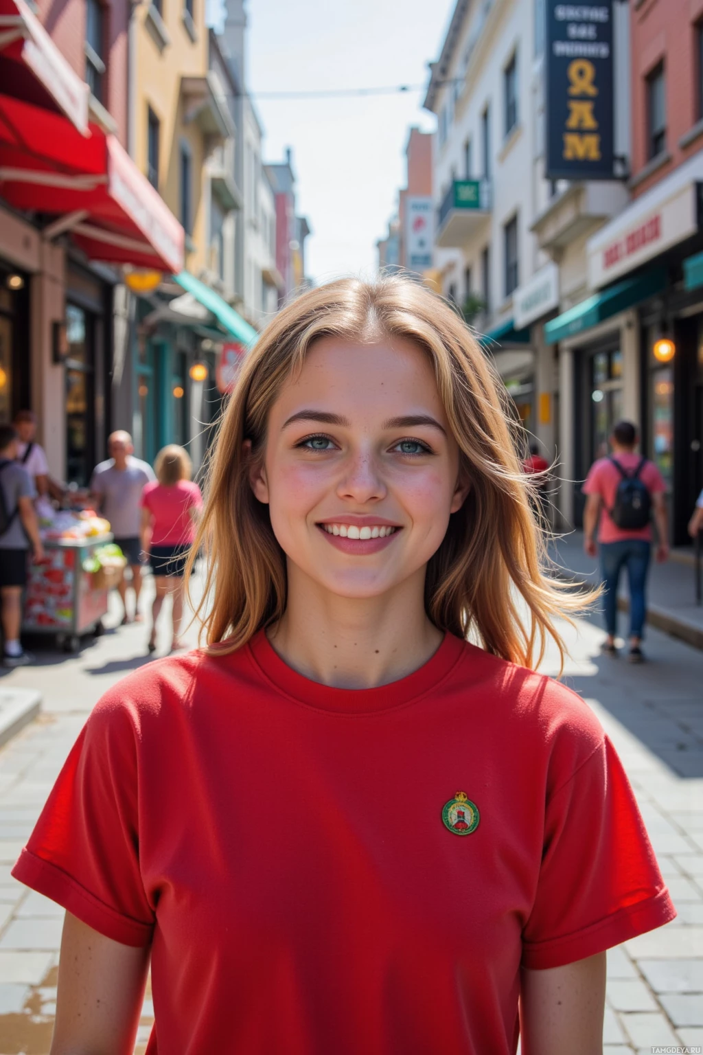 Realistic high quality photo. Female, 24, chestnut mid‑length hair, bright blue eyes, wearing a red t‑shirt, smiling broadly, dancing on a city street at noon while a street vendor plays salsa music, sunlight glints on a puddle, colorful storefronts around her, her vibrant, hopeful energy radiating.