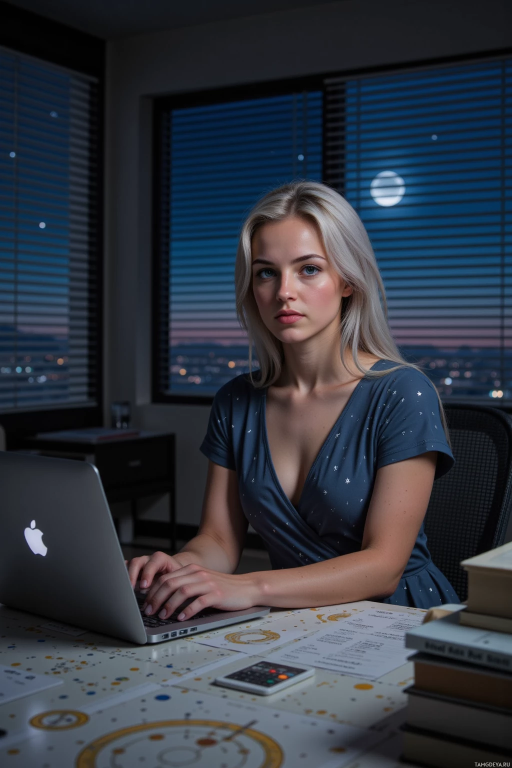 Realistic high quality photo. Modern apartment interior at night, slatted blinds filtering dim light, a 31‑year‑old woman with silver hair in a sleek updo, pale blue eyes, pale skin, wearing a flowing dress with subtle star motifs, seated at a desk with a laptop open and detailed star charts spread out, focused on calculating orbital decay of a rogue asteroid.