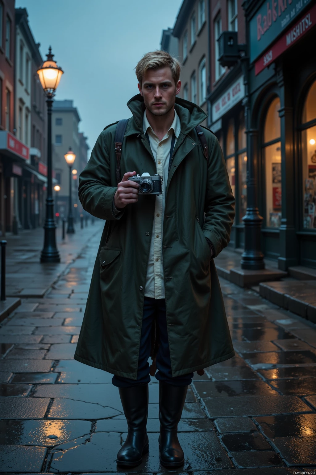 Realistic high quality photo. Man with short blonde hair, blue eyes, pale skin, wearing a dark green raincoat over a white shirt and rubber boots, standing on cracked asphalt at dusk, holding a camera with fingers wrapped around a cold metal shutter, a flickering old streetlamp casting shadows in a rainy city street.