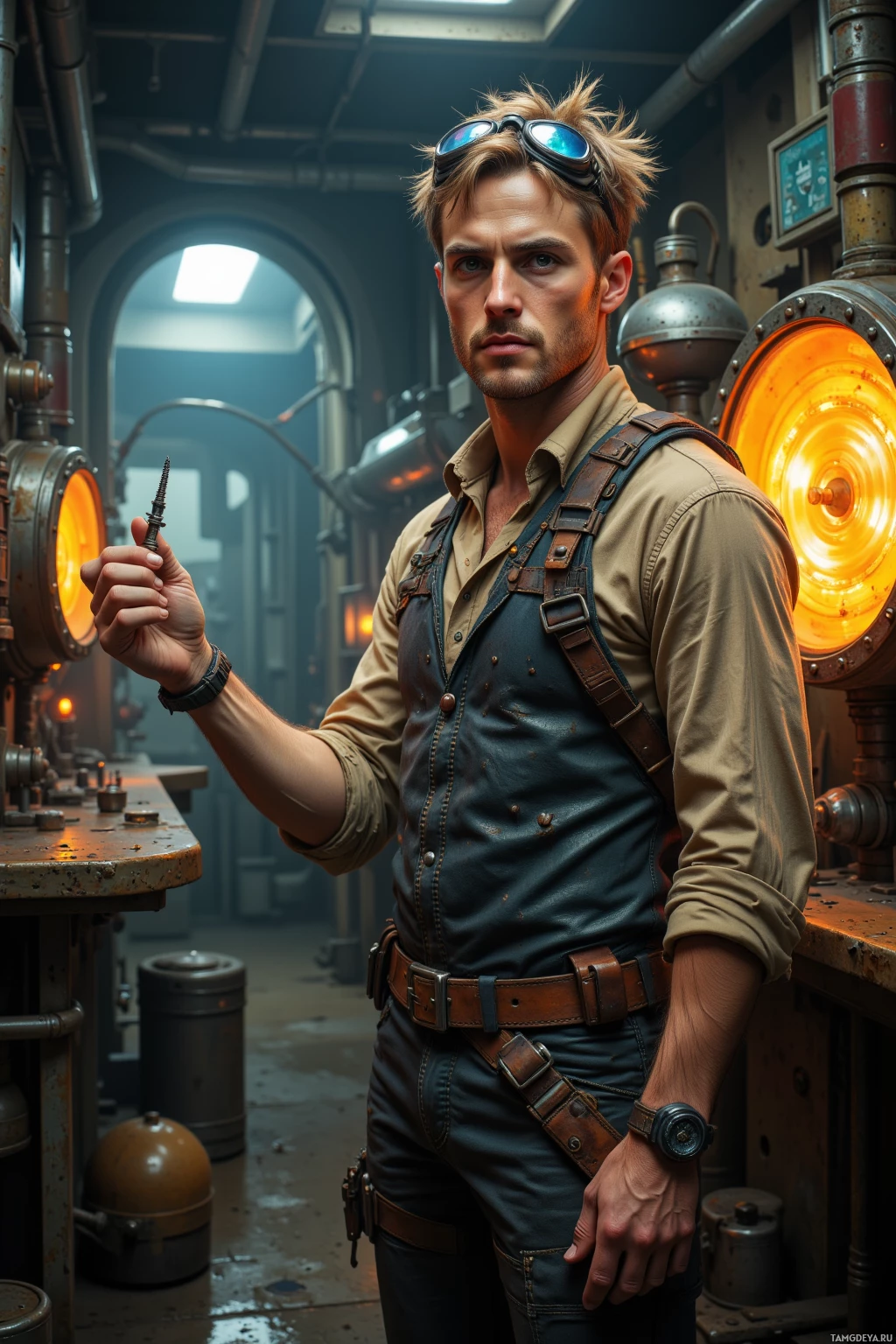 Realistic high quality photo. A 33‑year‑old male inventor with messy blonde hair, bright blue eyes, pale skin, rugged face, sharp jawline and prominent nose, wearing oil‑stained worn‑out clothes and goggles on his forehead, stands in a cramped radioactive lab with a glowing containment cage, holding a tiny screw in a trembling hand as he recalibrates the isotopic feedback loop, surrounded by glowing isotopic equipment and a scorched lab floor, the faint hum of the cage filling the air.