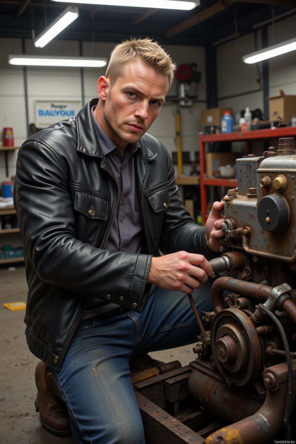 Realistic high quality photo. A rugged 32-year-old mechanic with short‑cropped blonde hair, blue eyes, strong jawline, wearing a leather jacket, plain shirt, and durable boots, tightening a bolt on an old truck engine in a cluttered workshop with a toolbox and bright overhead lights.