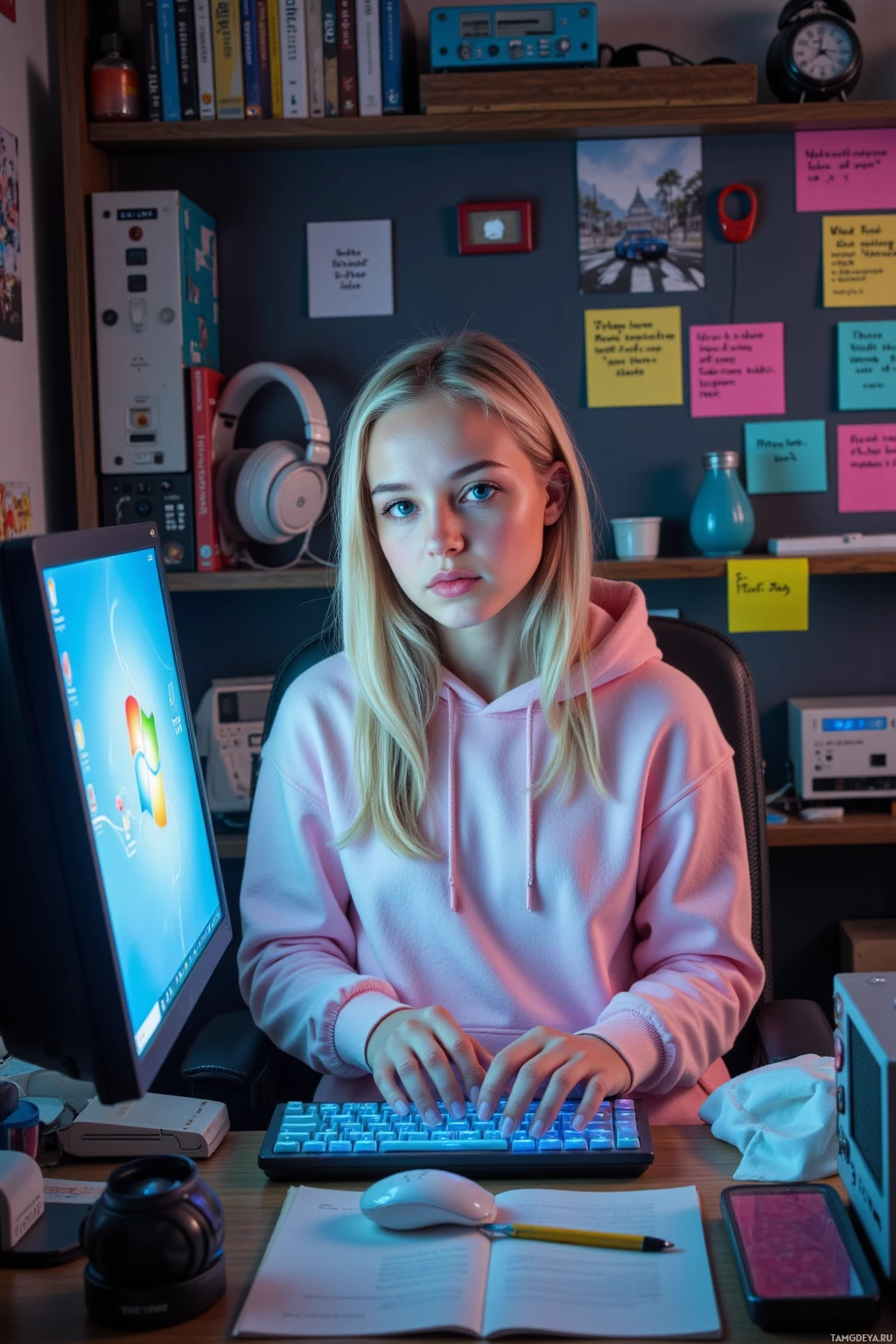 Realistic high quality photo. Female 26, long blonde hair, bright blue eyes, wearing a fitted pastel hoodie and white cargo pants, sits with fingers hovering over a glowing keyboard in a cluttered apartment of obsolete headsets, an old XP boot screen flickering, dozens of colored Post‑It notes fluttering, while a nebula‑like ambient glow from her humming rendering engine illuminates her as she tweaks a jellyfish shader and debates AI ethics on a monitor.