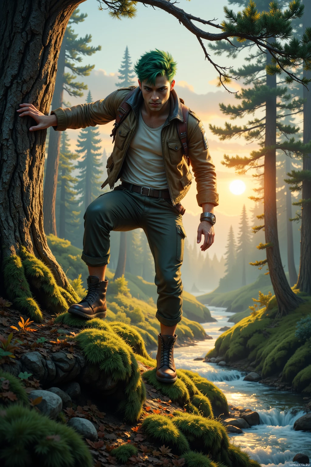 Realistic high quality photo. A 18‑year‑old green‑skinned man with messy green hair, bright green eyes, light agile build, wearing a rugged leather jacket over a white tank top, dark green cargo pants, sturdy boots and a tool‑laden backpack, leaping over moss‑covered bark on a sunset‑lit ridge while an ancient pine presses against his back, chasing the echo of a hidden stream into a misty valley.