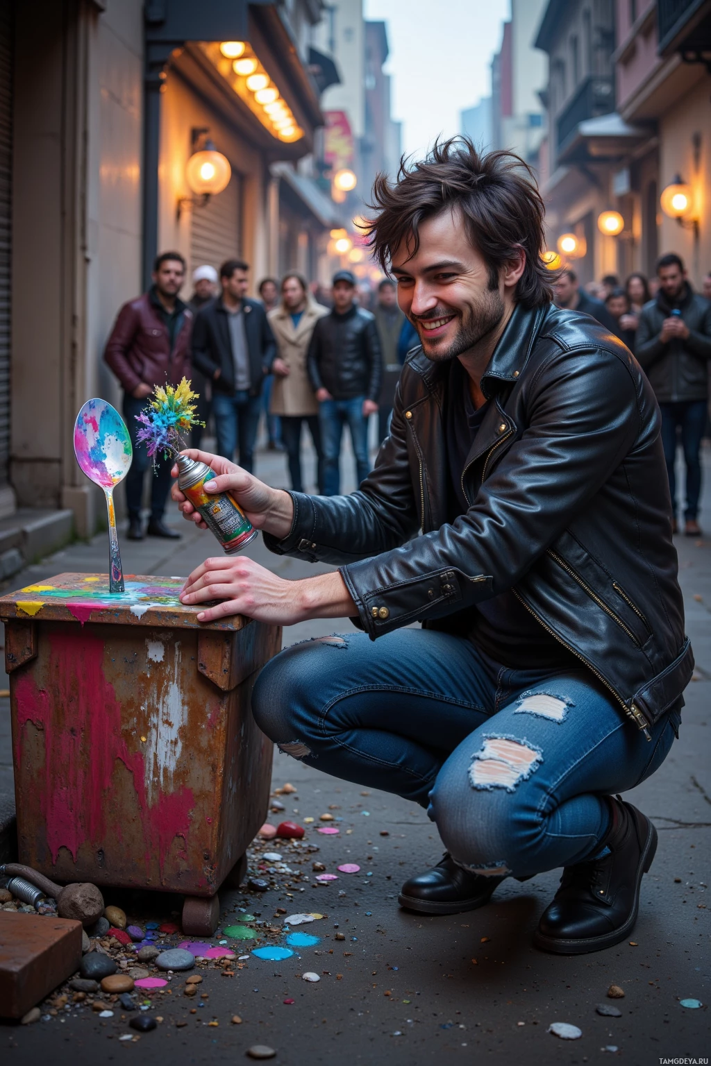 Realistic high quality photo. Man, 27, dark messy hair, piercing blue eyes, pale skin, sharp jawline, wearing a ripped black leather jacket, distressed jeans, heavy black boots, laughing while spray‑painting vivid colors onto a metal spoon sculpture on a rusted dumpster in a gritty alley at dusk, a small crowd of onlookers chanting in the background, the city streets behind him, mood raw, rebellious and unapologetic.
