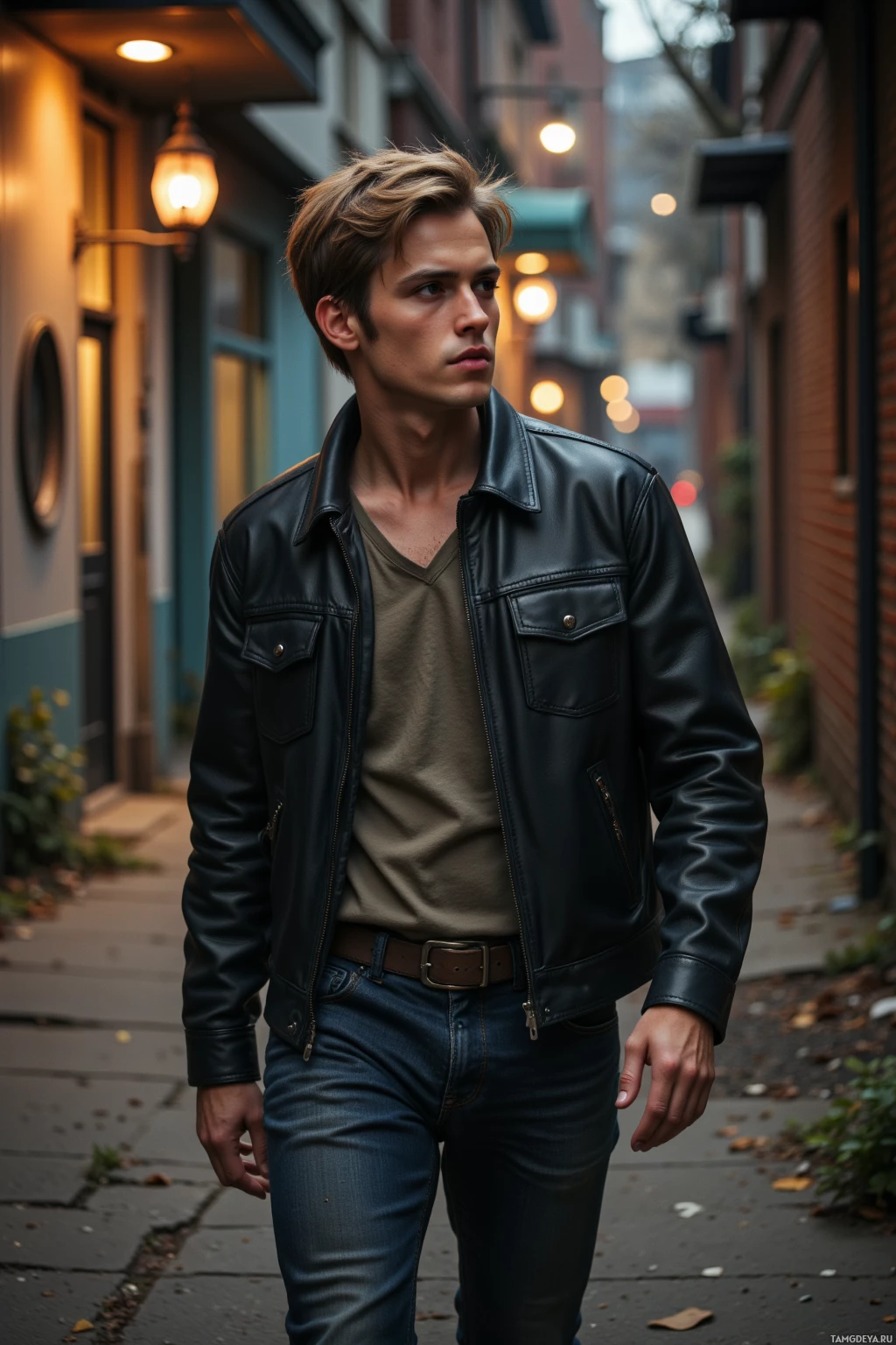 Realistic high quality photo. A young man with short light brown hair and brown eyes, wearing a black leather jacket over a casual t‑shirt and dark jeans, walking briskly past a derelict laundromat on an urban alley at dusk, dust motes drifting, a faded brick wall and a flickering streetlamp illuminating the scene, exuding restless curiosity.