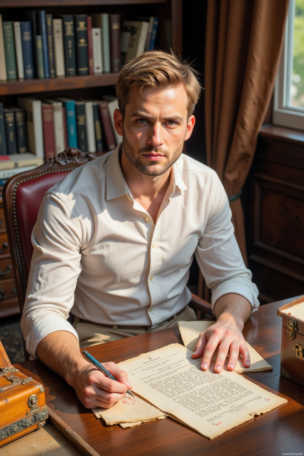 Realistic high quality photo. A 32‑year‑old man with short blonde hair, blue eyes, wearing a pale button‑up shirt and beige slacks, sits in an afternoon‑lit study surrounded by a wooden box of postcards, a 18th‑century letter with marginalia highlighting misplaced commas, a laminate‑covered memory‑foam pillow, and alphabetized file cabinets, intently tracing a comma with a pen while exuding calm concentration.