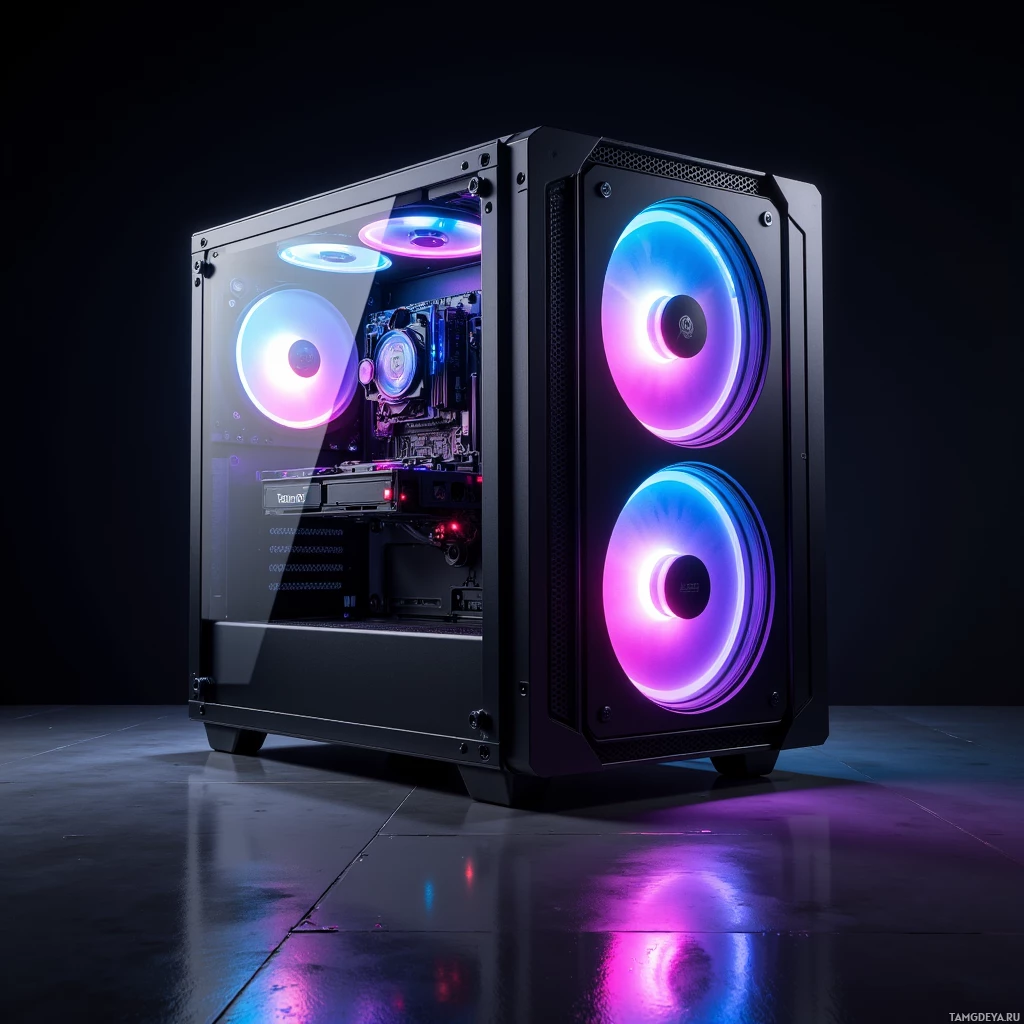 Semi-abstract image with many light, that is suitable for the post:  Modular mini PC TitanBox 2.0 with matte black chassis, pulsing RGB lighting, detachable 27″ OLED display, liquid‑metal GPU bay, AI‑tuned cooling system, and a sleek touch‑pad hub.