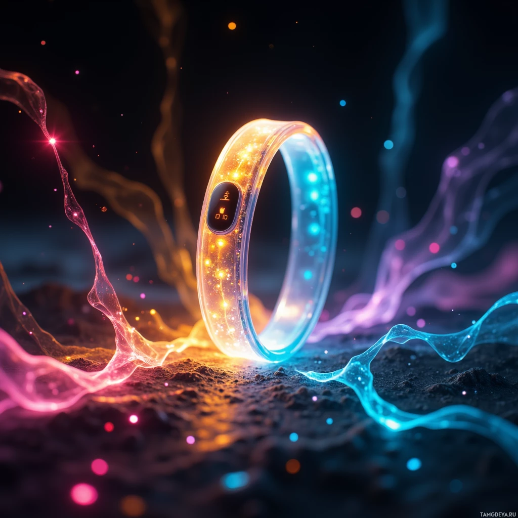 Semi-abstract image with many light, that is suitable for the post:  translucent ultra‑thin wrist bracelet with embedded OLED heart‑rate sensor, glowing neon pulse shifting from sunrise gold to midnight blue, holographic AR light show projecting onto skin, sleek translucent band with subtle micro‑LED array and integrated mic.