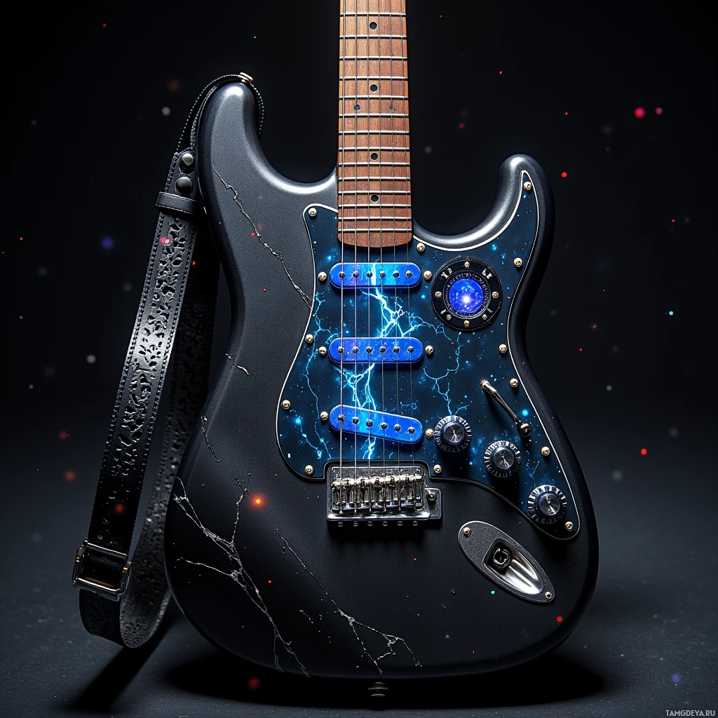Semi-abstract image with many light, that is suitable for the post:  A 1970s Stratocaster‑style guitar with a mahogany body in matte black midnight‑metal finish, holographic pickup array, built‑in OLED tone display, analog‑to‑digital converter, bass‑boost module, and laser‑cut chrome strap.