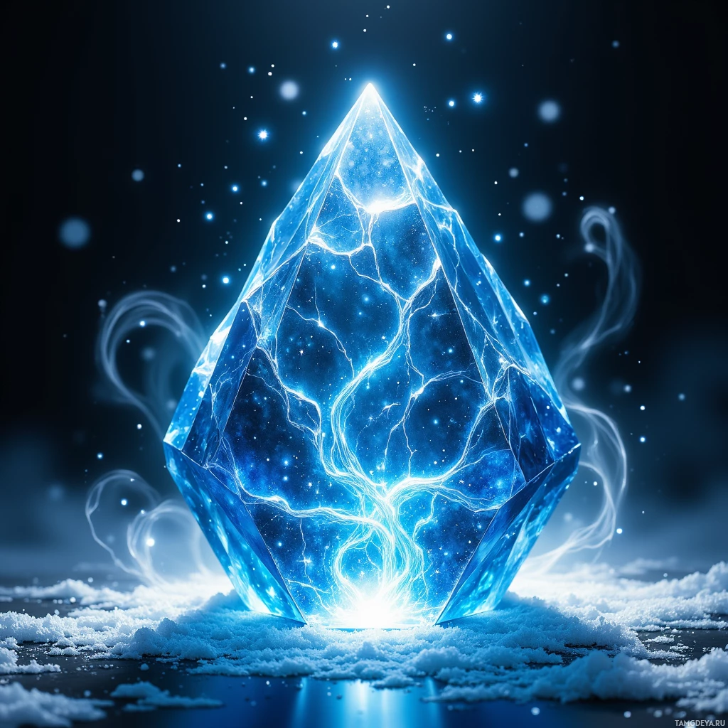 Semi-abstract image with many light, that is suitable for the post:  Translucent blue crystal prism with intricate swirling frost etchings on its facets, emitting a faint mist that glistens like silver pine sap, its facets catching light with a frosted sheen.