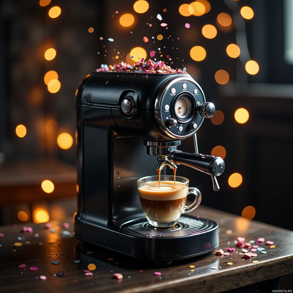 Semi-abstract image with many light, that is suitable for the post:  Mini matte black espresso machine with a glossy touch-screen, hidden keypad, magnetic base, flippable lid, confetti spray nozzle, glitter emitter, and sleek chrome accents.