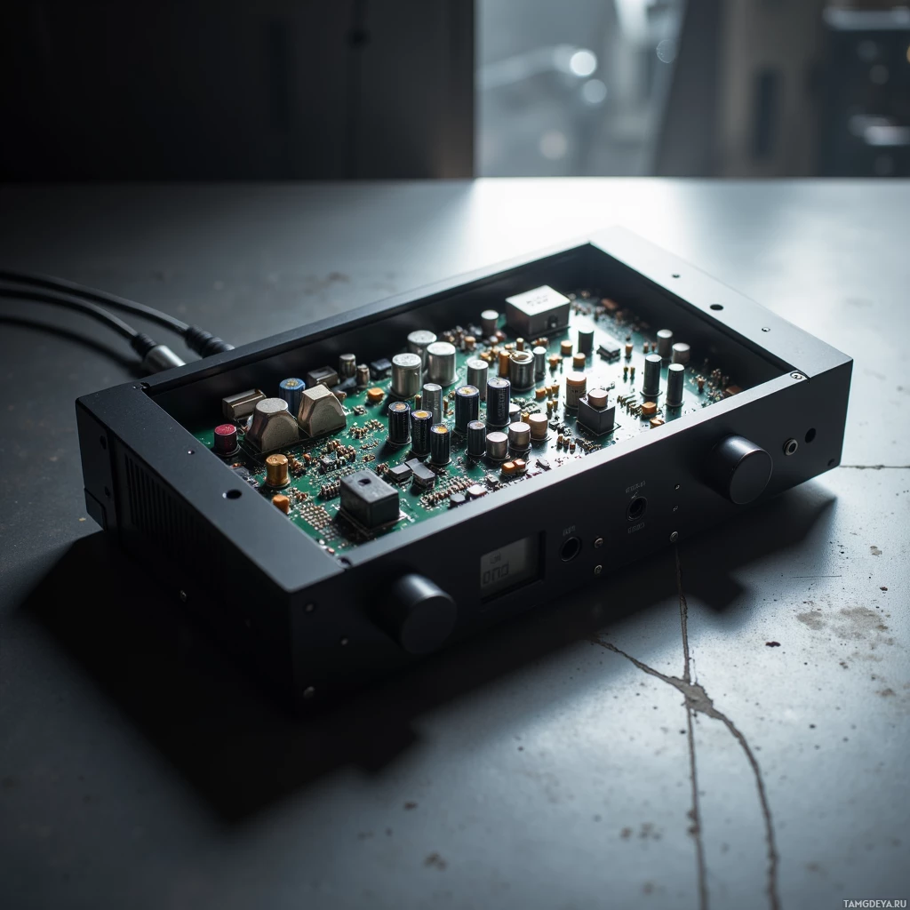 Semi-abstract image with many light, that is suitable for the post:  hand‑built 64‑bit analog DAC with a matte black chassis, a single silver ultra‑low‑EMI cable, an exposed modular filter stage featuring finely detailed circuitry and minimalist, sleek design.