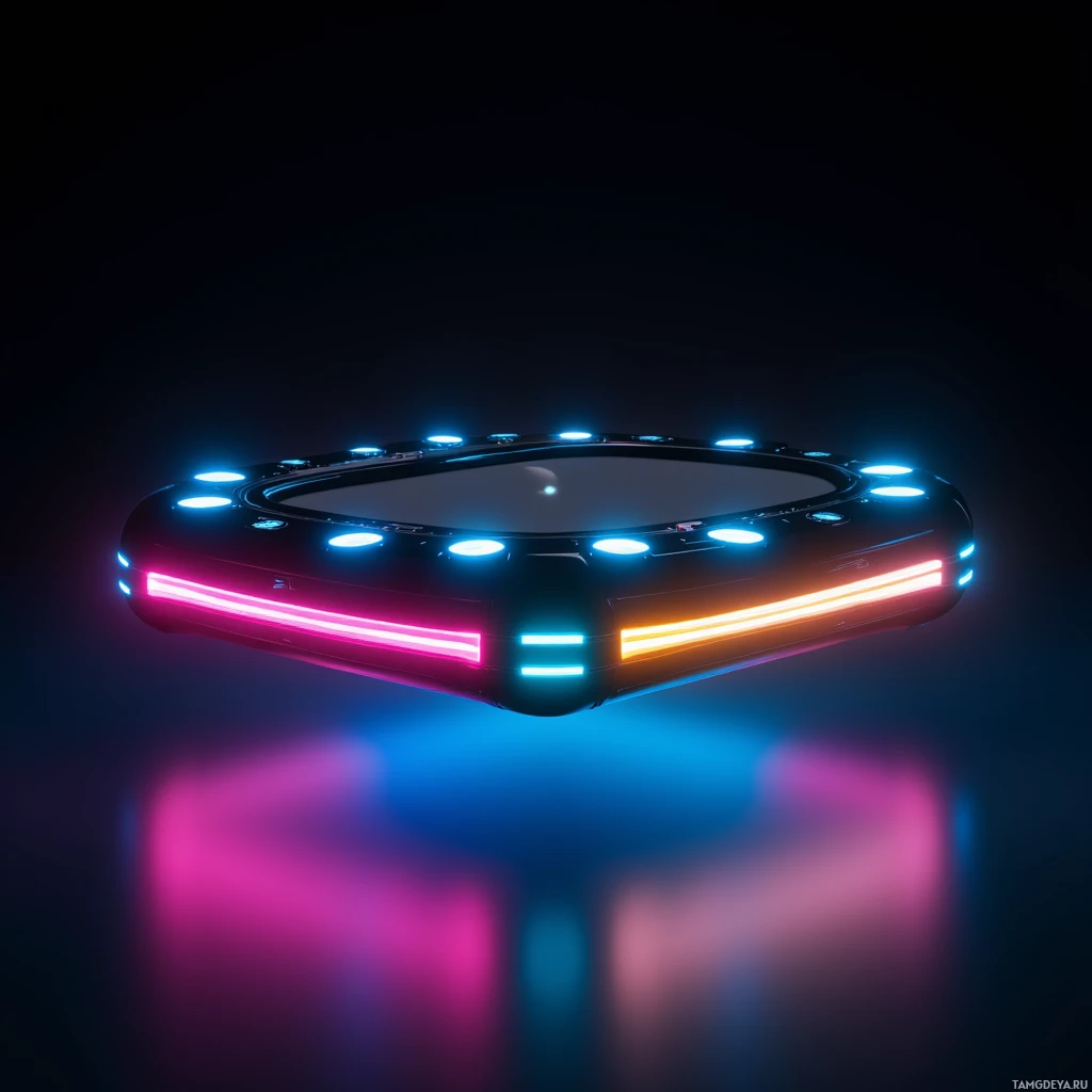 Semi-abstract image with many light, that is suitable for the post:  A sleek magnetic levitation treadmill floating midair, with a smooth black surface, an array of white sensors, and pulsing multicolored LED patterns glowing around its edges, illuminated against a dark background.
