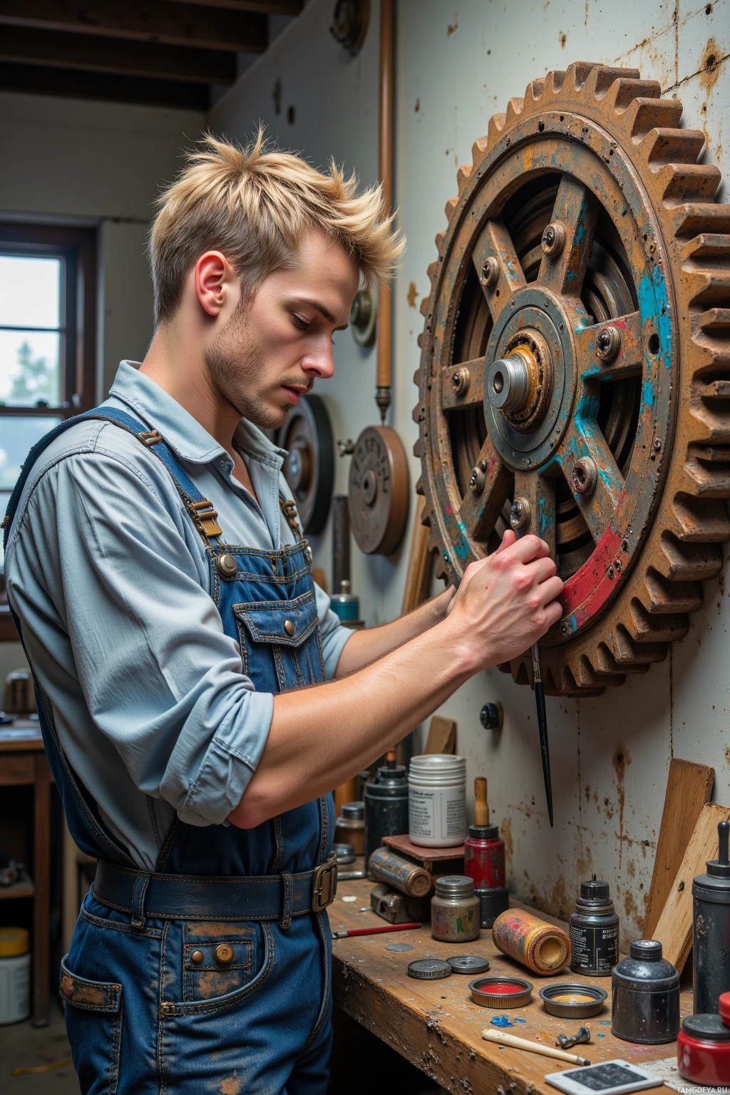Realistic high quality photo. Male, 27, short messy blonde hair, bright blue eyes, wearing worn mechanic overalls with rolled‑up sleeves, bent over a wall‑mounted kinetic sculpture in a cluttered workshop, meticulously aligning misaligned gears while holding a paintbrush to add a splash of color, tools scattered around, natural light filtering through a window, modern realism.