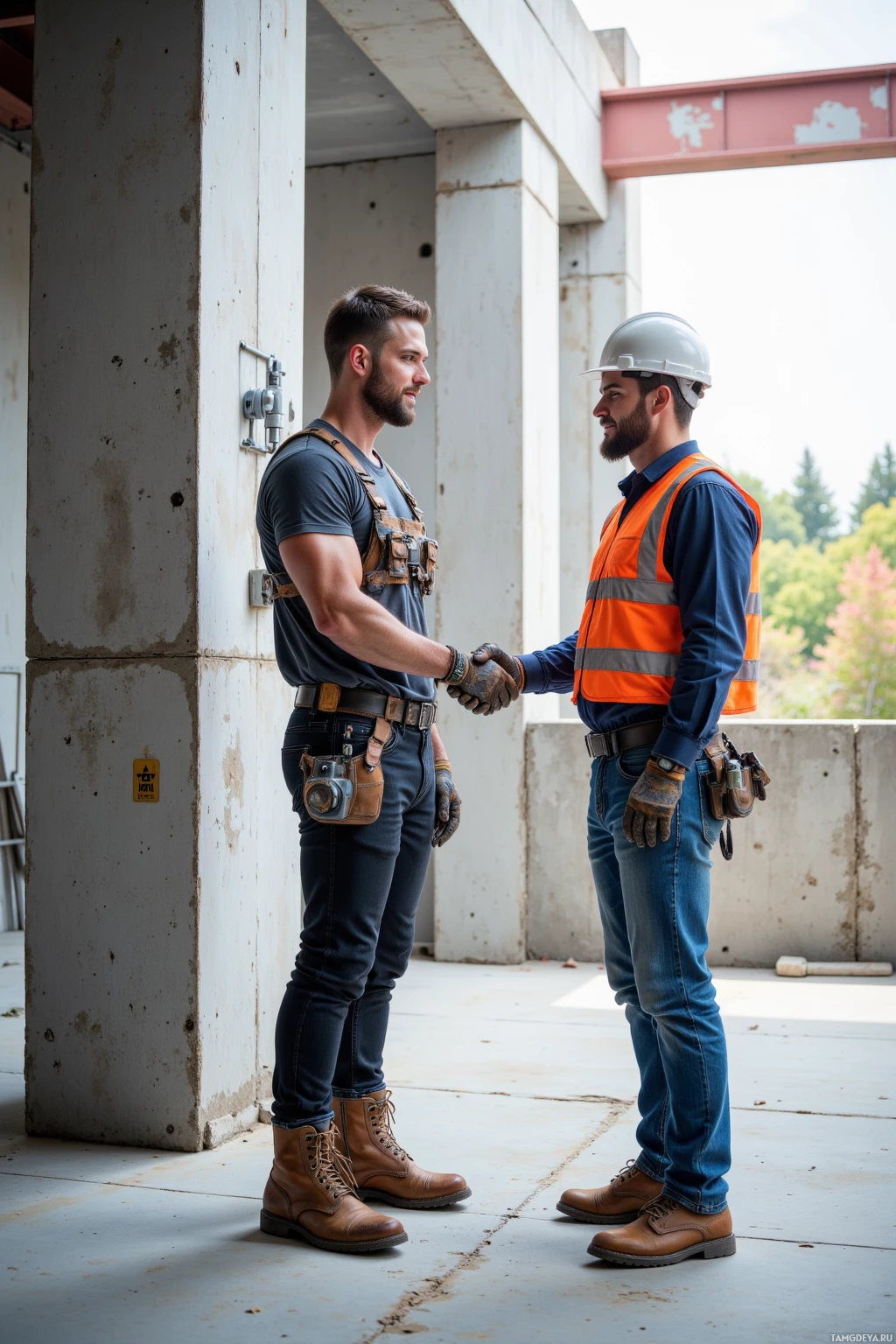 Realistic high quality photo. A muscular 31‑year‑old construction worker with short dark brown hair, blue eyes, tanned weathered skin, wearing a rugged work shirt, dark jeans, sturdy boots and gloves, standing on a modern construction site beside a smart‑sensor wall with a hovering drone, holding a coffee machine, shaking hands with a foreman in a concrete crew area at midday, with a partially built steel beam rising behind them.