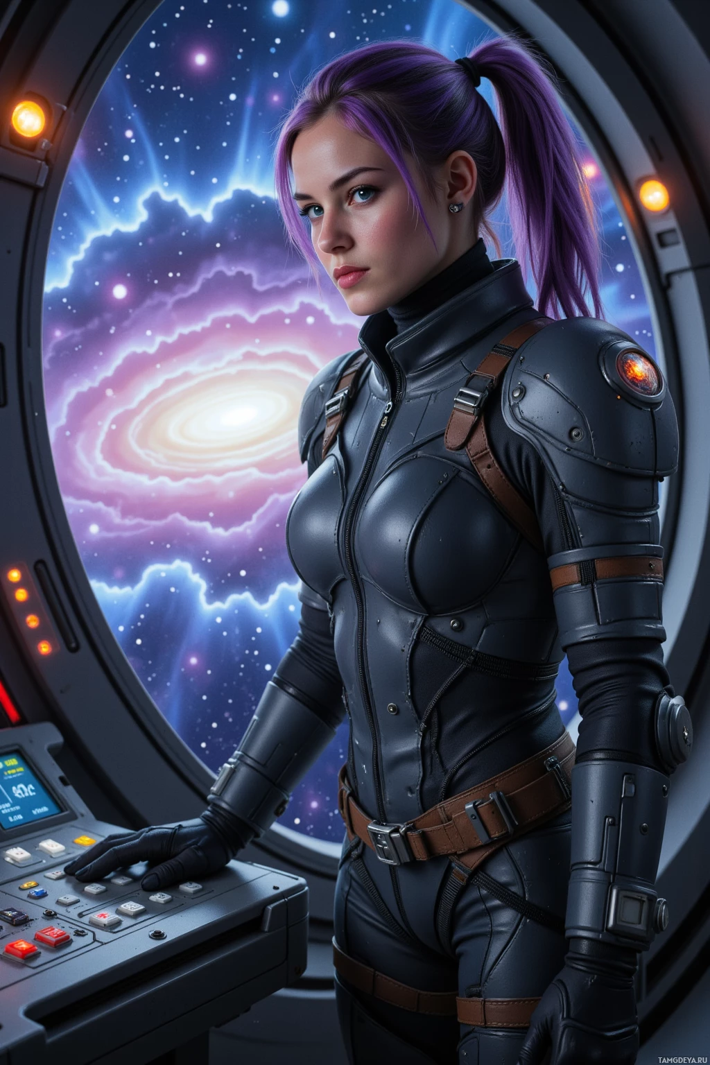 Realistic high quality photo. Female 28-year-old space pilot with purple ponytail, one sharp blue eye, sleek visor, dark‑gray flight suit with padded segments and metallic clasps, utility belt and shoulder‑mounted comms, standing confidently in a ship cockpit, fingers gripping control panels as a swirling nebula and star field fill the viewport, engine lights pulsing softly, futuristic interior lighting.