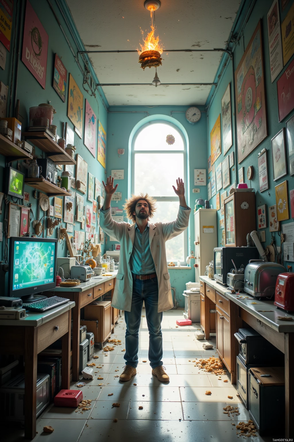 Realistic high quality photo. Chaotic modern hallway converted into a makeshift physics lab, a wild-haired 34‑year‑old man in a slightly wrinkled white lab coat operating a catapult that hurls a sandwich upward, a toaster with a glowing indicator, a Wi‑Fi router with animated glowing symbols, scattered lab equipment, and sunlight streaming through a narrow window.
