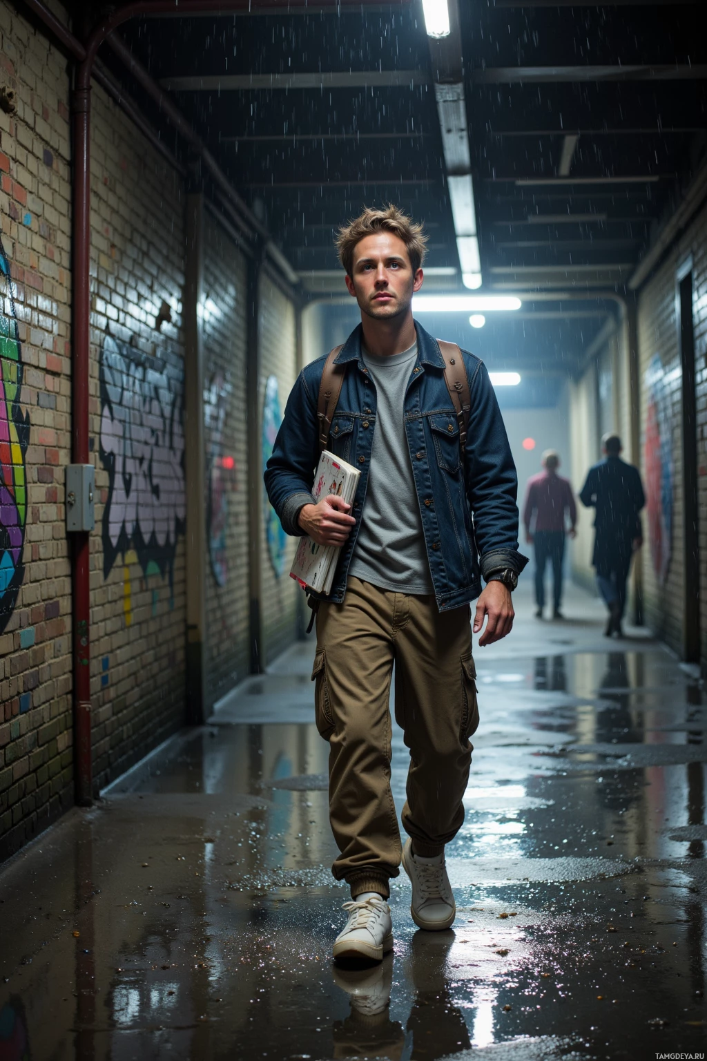 Realistic high quality photo. A 29‑year‑old man with light brown messy hair and green eyes, wearing loose‑fitting urban streetwear and classic white sneakers, strides through a rain‑slick alley behind an old subway station, his footfalls echoing like drums against wet brick walls, a sketchbook tucked under one arm as he observes graffiti, puddles reflecting dim lights, a playful grin on his face amid the urban gloom.