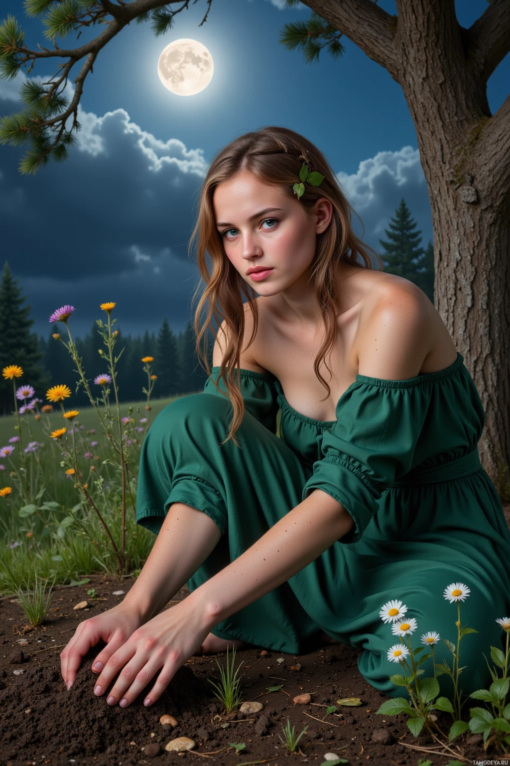 Realistic high quality photo. A 27‑year‑old woman with curly brown hair braided with leaves, bright blue eyes, olive‑tinted skin, wearing a flowing green dress, kneading damp soil beside a towering ancient oak in a moonlit garden, planting wildflower seeds as silver moonlight and the scent of pine needles drift around her, radiating calm protection.