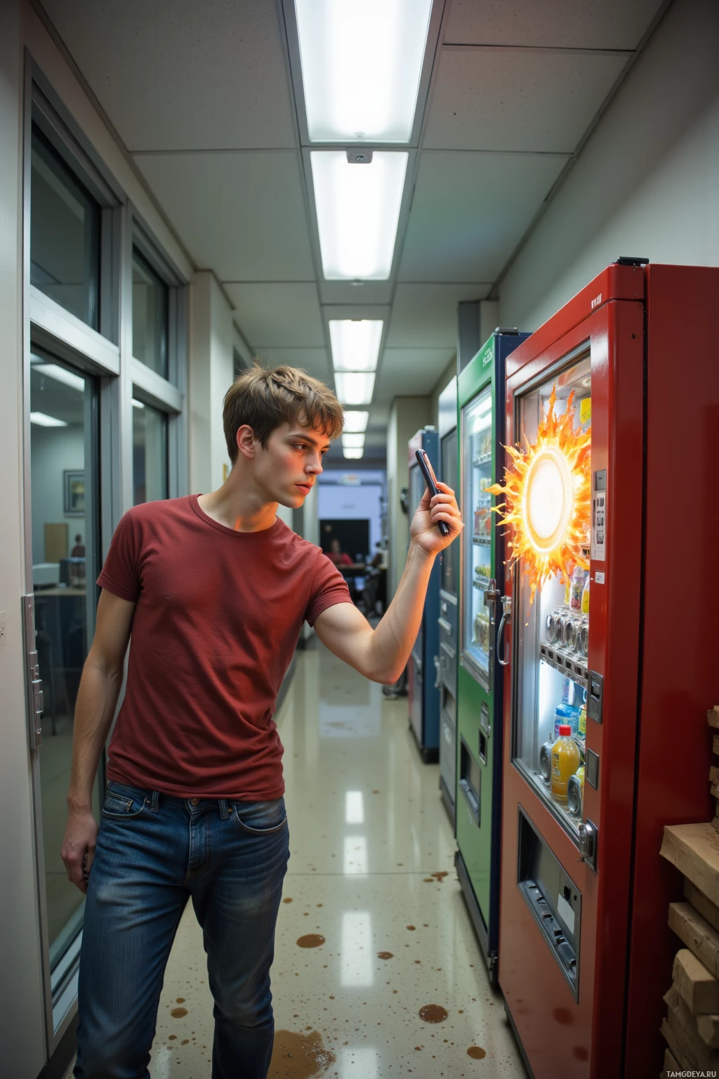 Realistic high quality photo. A 22‑year‑old man with brown hair, bright blue eyes, freckles, pale skin, wearing a red t‑shirt and casual jeans, standing in a fluorescent‑lit office hallway holding a phone glowing like a portal, while a vending machine erupts with spilled coffee, a paper bag on a desk labeled “trust fund”, and a stack of pizza boxes assembled into a small bomb, with a mischievous grin.