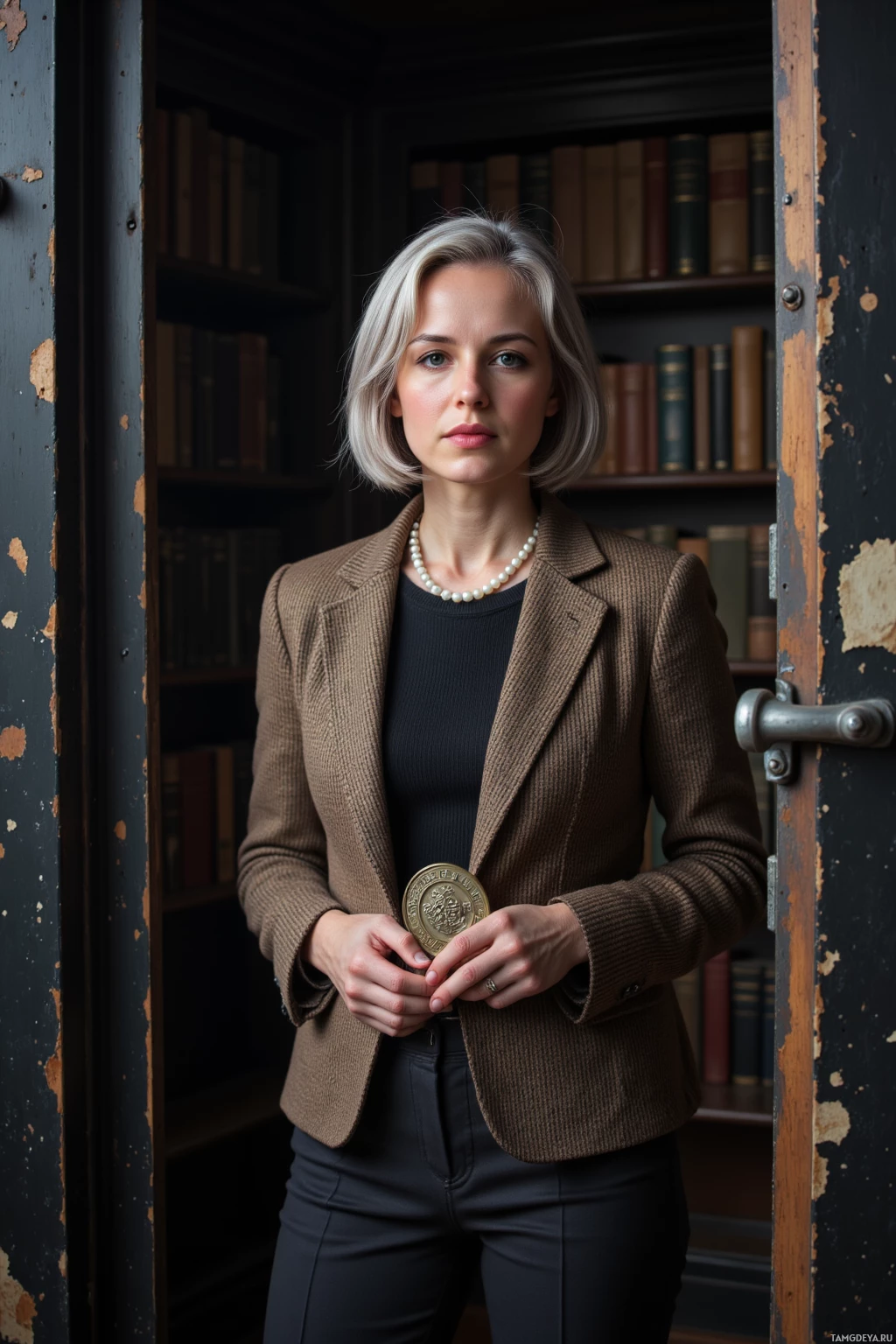 Realistic high quality photo. Female historian, 50, silver‑gray shoulder‑length hair, sharp blue eyes, fair skin with graceful age, wearing a tweed blazer, dark trousers and a simple pearl necklace, standing in a dim, dust‑filled old library opening a heavy metal vault while holding a worn bronze plaque, dust motes swirling in morning light.