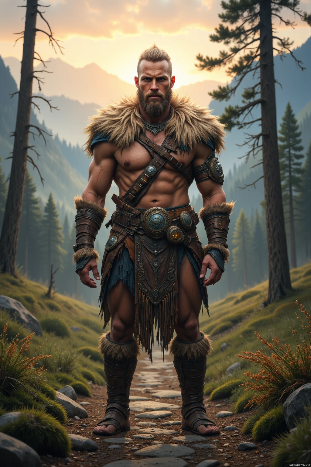 Realistic high quality photo. A 35‑year‑old burly blonde‑haired male warrior with piercing blue eyes and pale skin, wearing rustic corn‑husk tribal armor, stands firmly on a mossed pine path at dawn in a valley, exuding fierce, unshaken guardianship over the sacred hills.