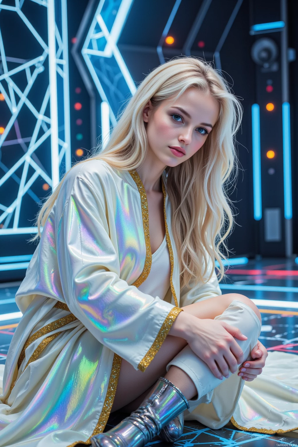 Realistic high quality photo. A 33‑year‑old woman with voluminous white‑blonde curls and blue eyes, wearing a flowing iridescent robe with golden trims and structured metallic boots, works at a flickering holo‑stage with cascading color, tightening pixel seams of a prototype dress amid a glowing data‑grid under late‑evening light.